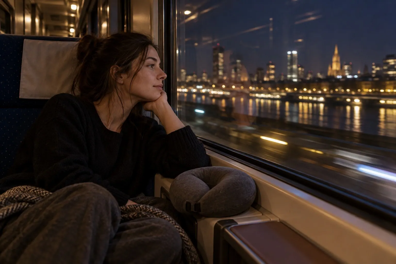A traveler sits beside a train window at night, reviewing an unbranded personal-care item as city lights pass outside.
