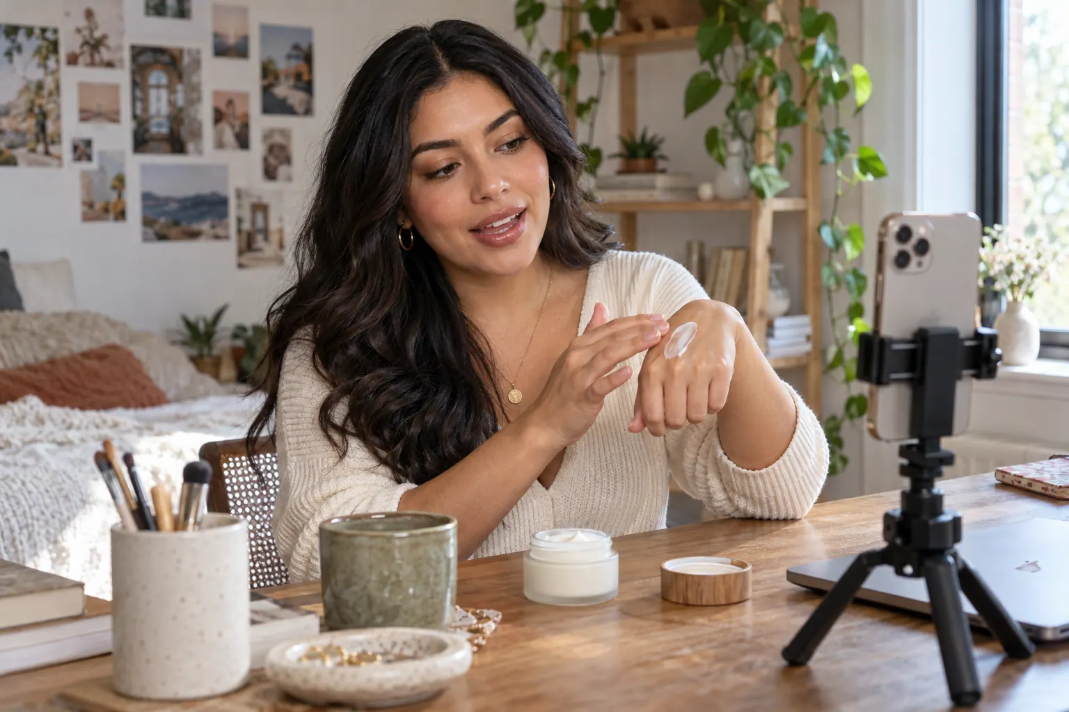 A creator demonstrates an unbranded beauty product on camera at a home worktable.