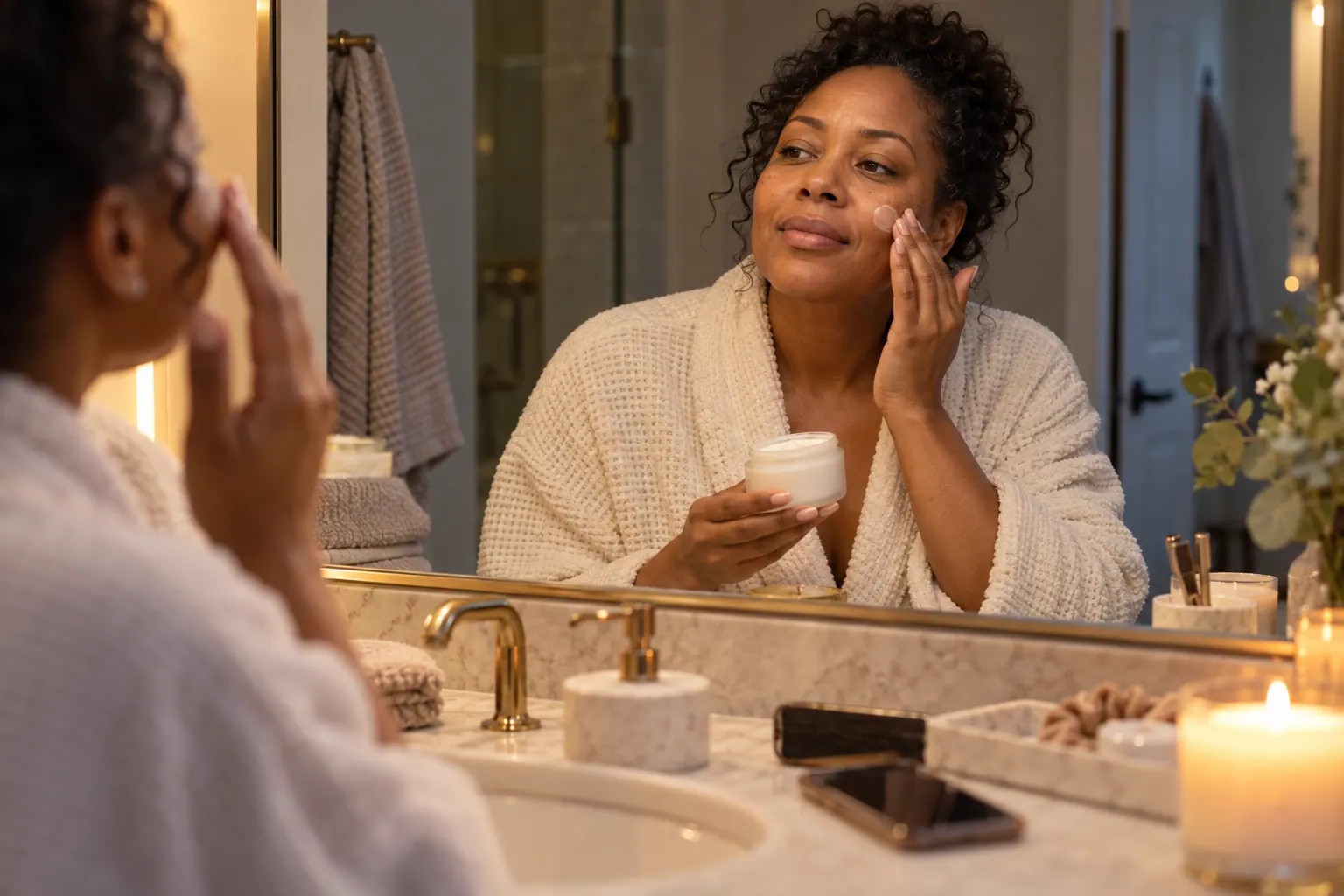 A creator tries an unbranded beauty product during an ordinary evening routine at home.