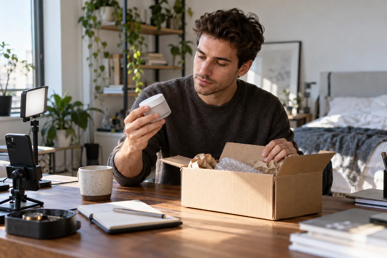 A male beauty creator opens a sample parcel at home, with a phone and filming light nearby.