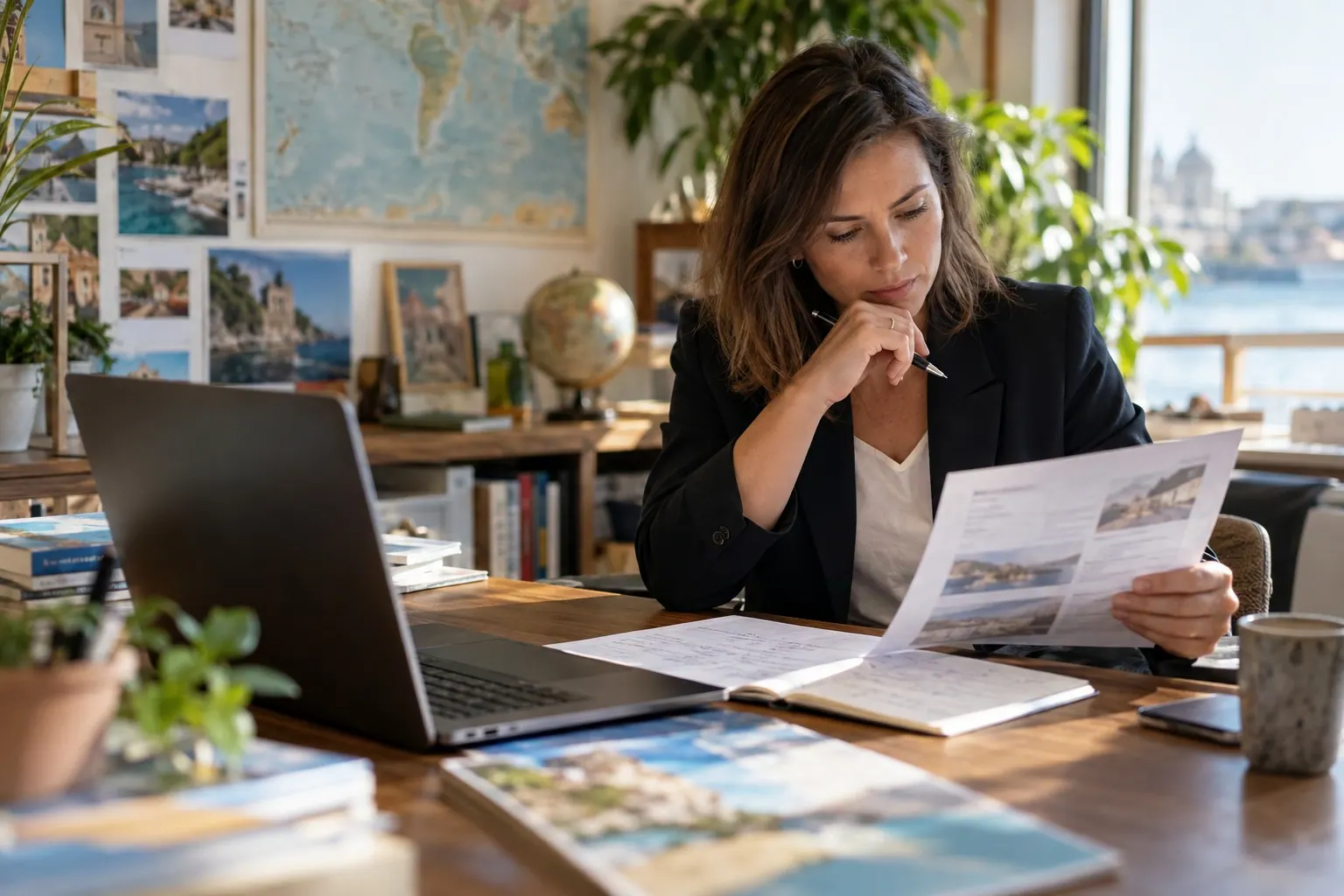 A travel advisor reviews a hotel proposal and client notes at a small agency desk, natural documentary photography.