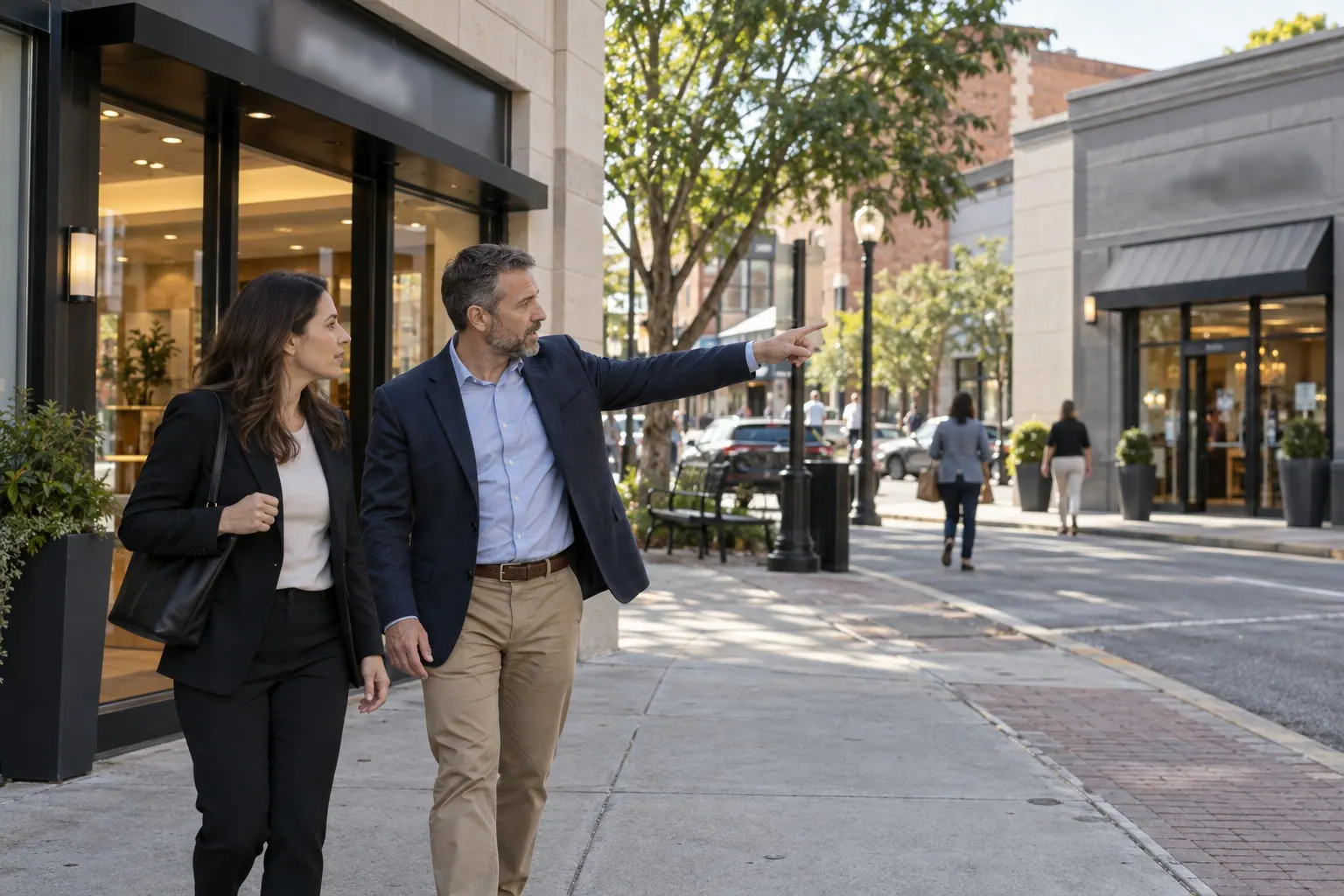 A consultant and a service-business representative walk along a commercial street while discussing the company's locations.