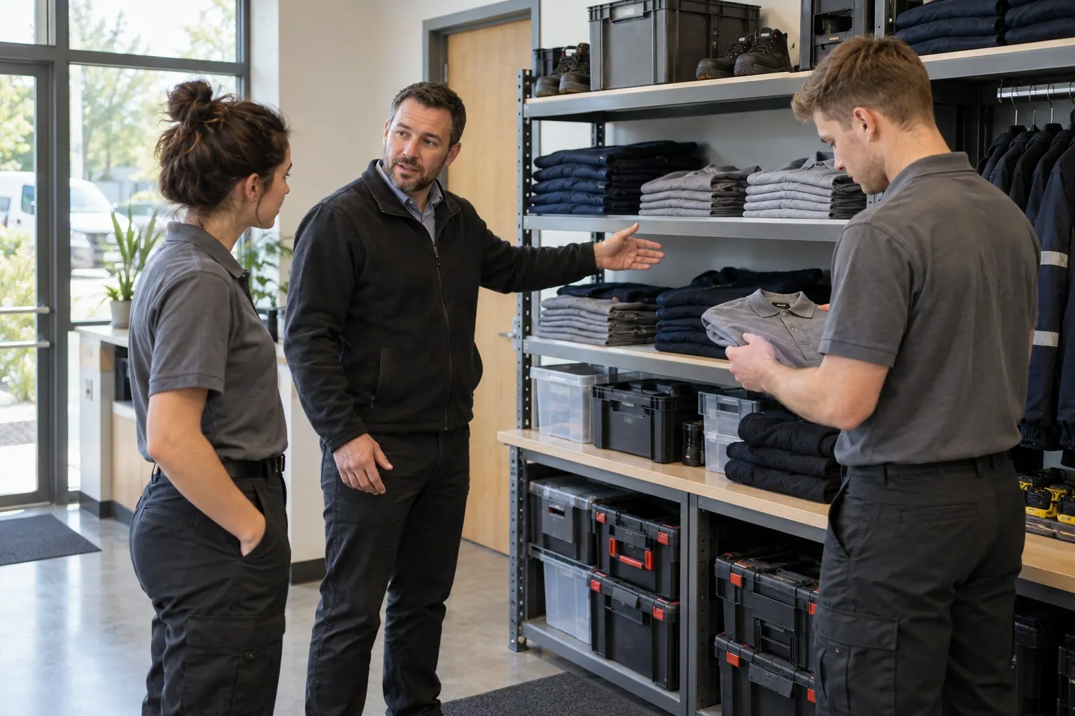 A manager explains a new-hire uniform handoff to a team member near a service branch’s supply area.