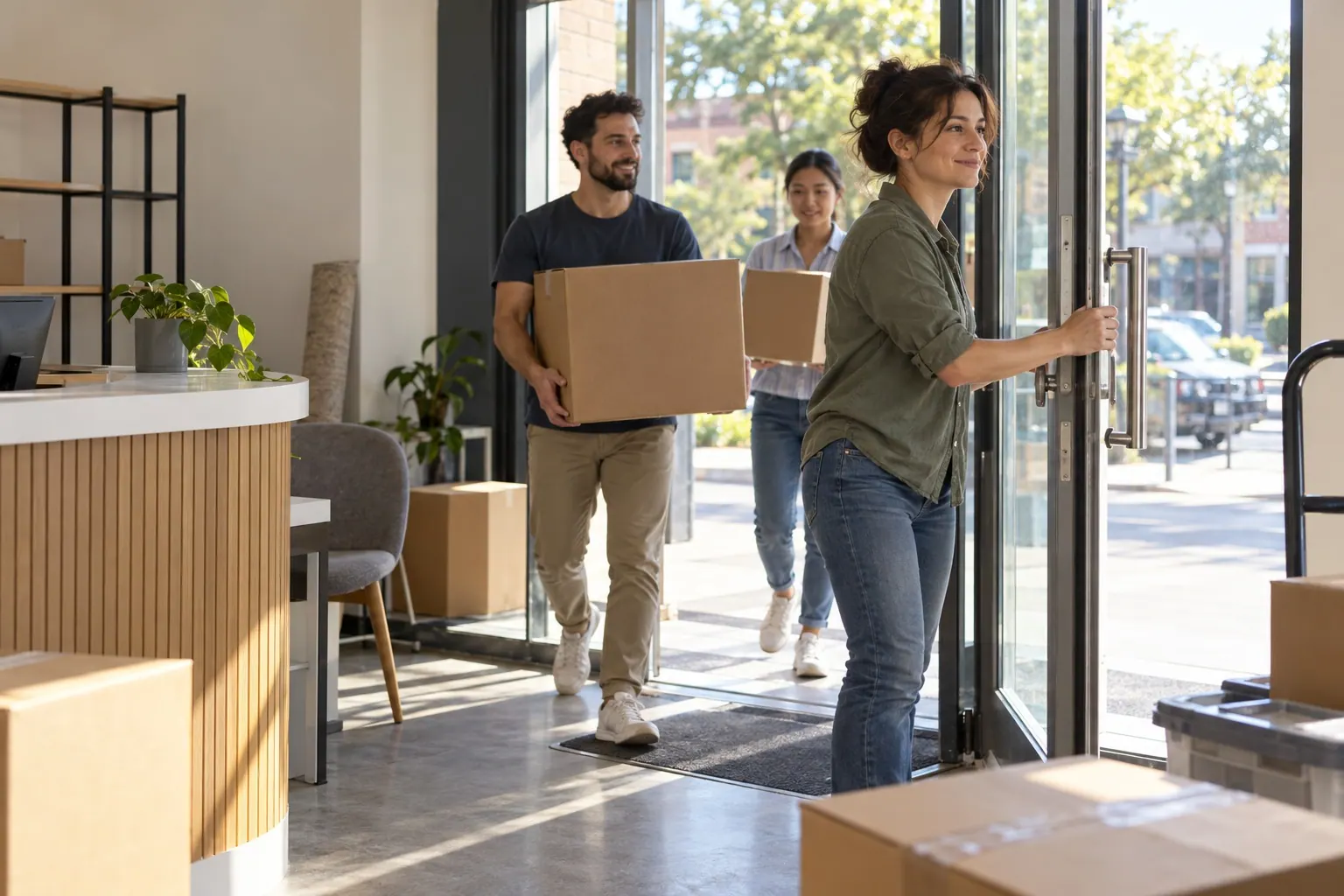A small service-business team carries supplies into a new work location before opening.