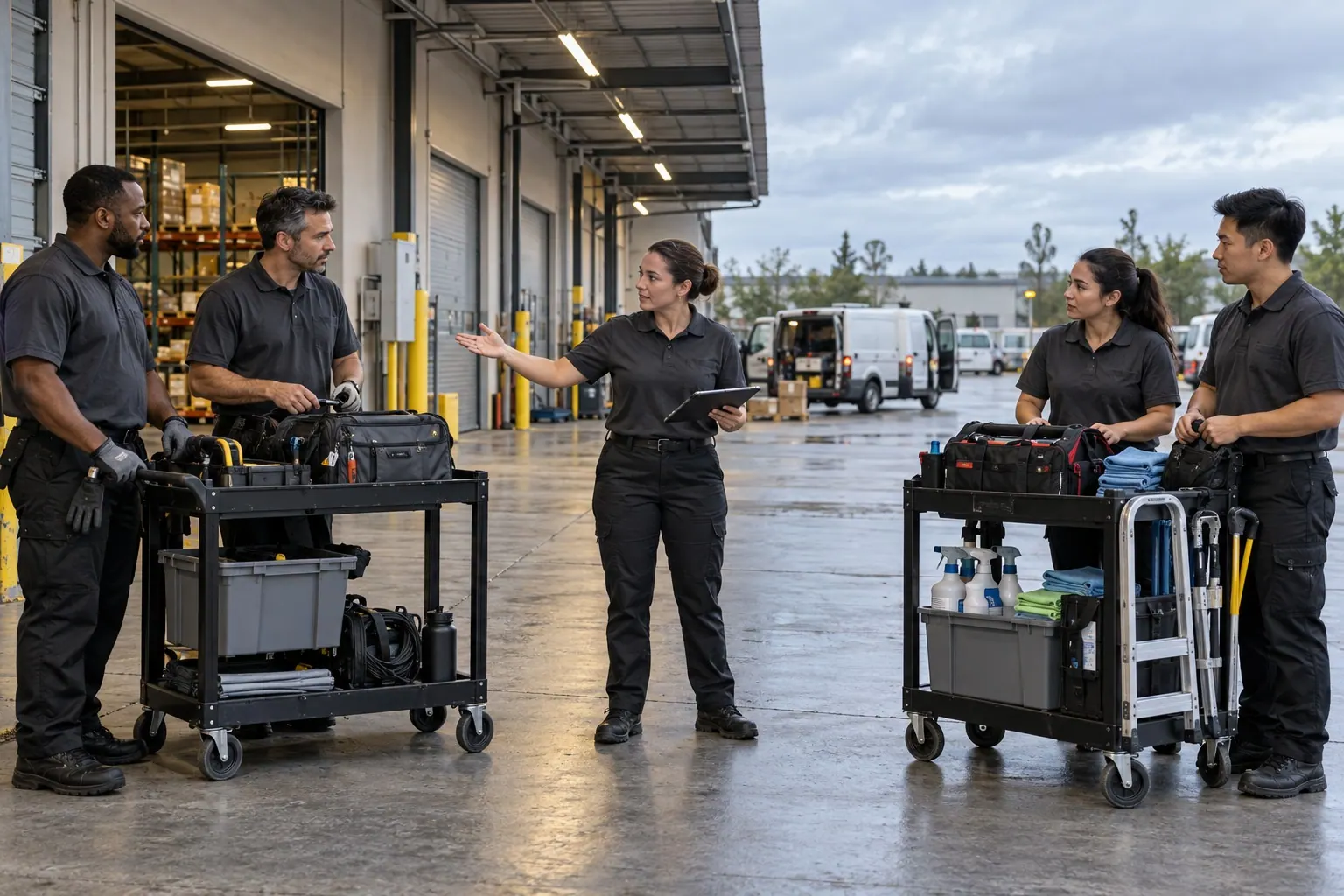 A supervisor reviews a shared equipment setup with a small service crew at a depot.