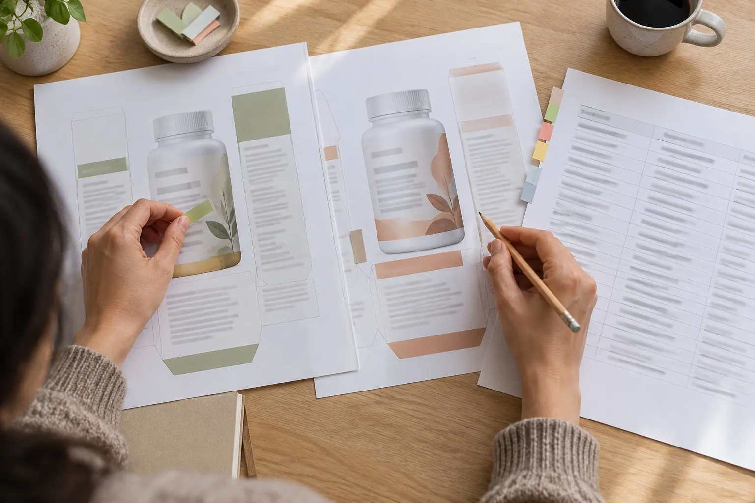 A language reviewer compares unbranded packaging proofs and an approved claim sheet.