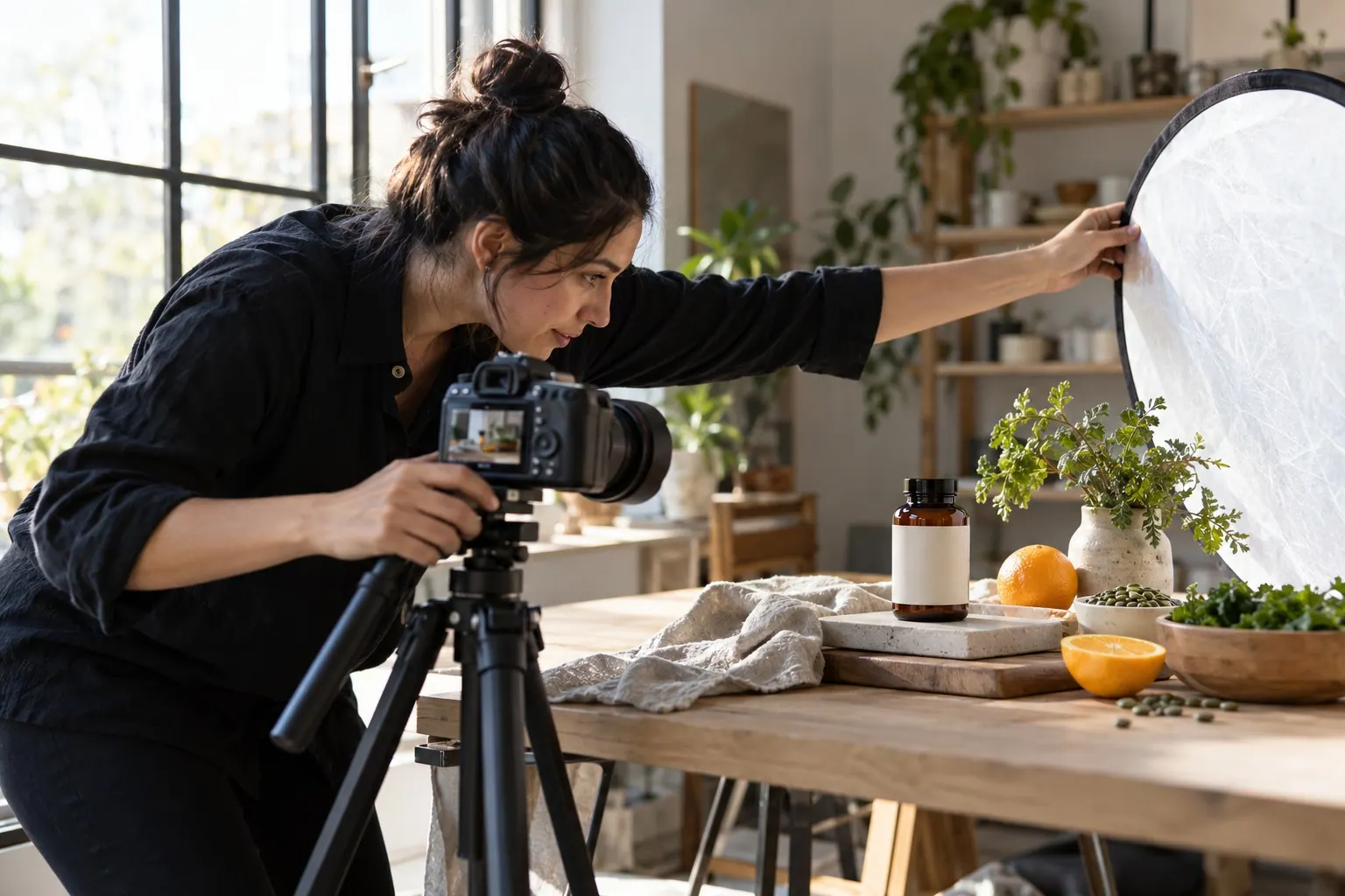 A photographer creates a restrained product image in a small local studio.