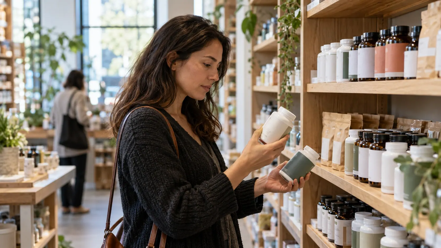 A shopper compares unbranded supplement products in a local retail setting.