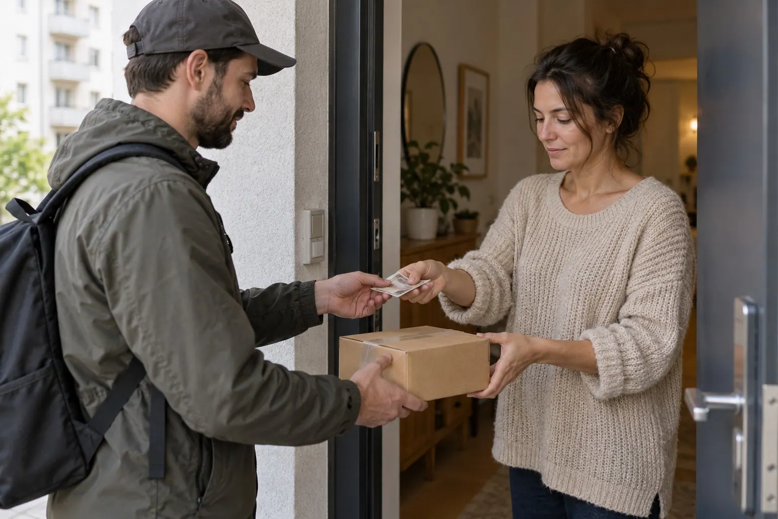 customer receiving a parcel and paying the courier at the doorway