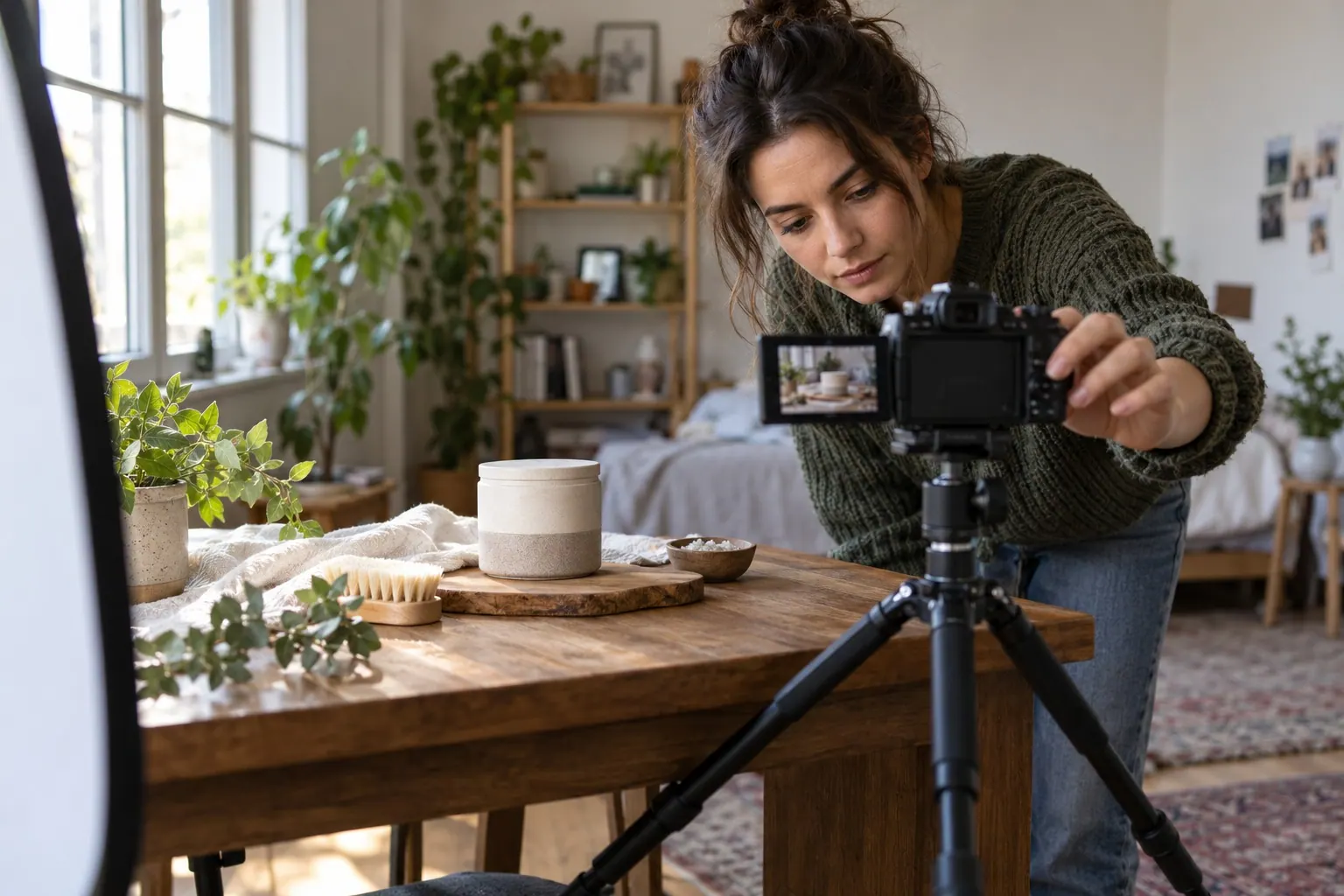independent marketer filming a product demonstration in a home studio