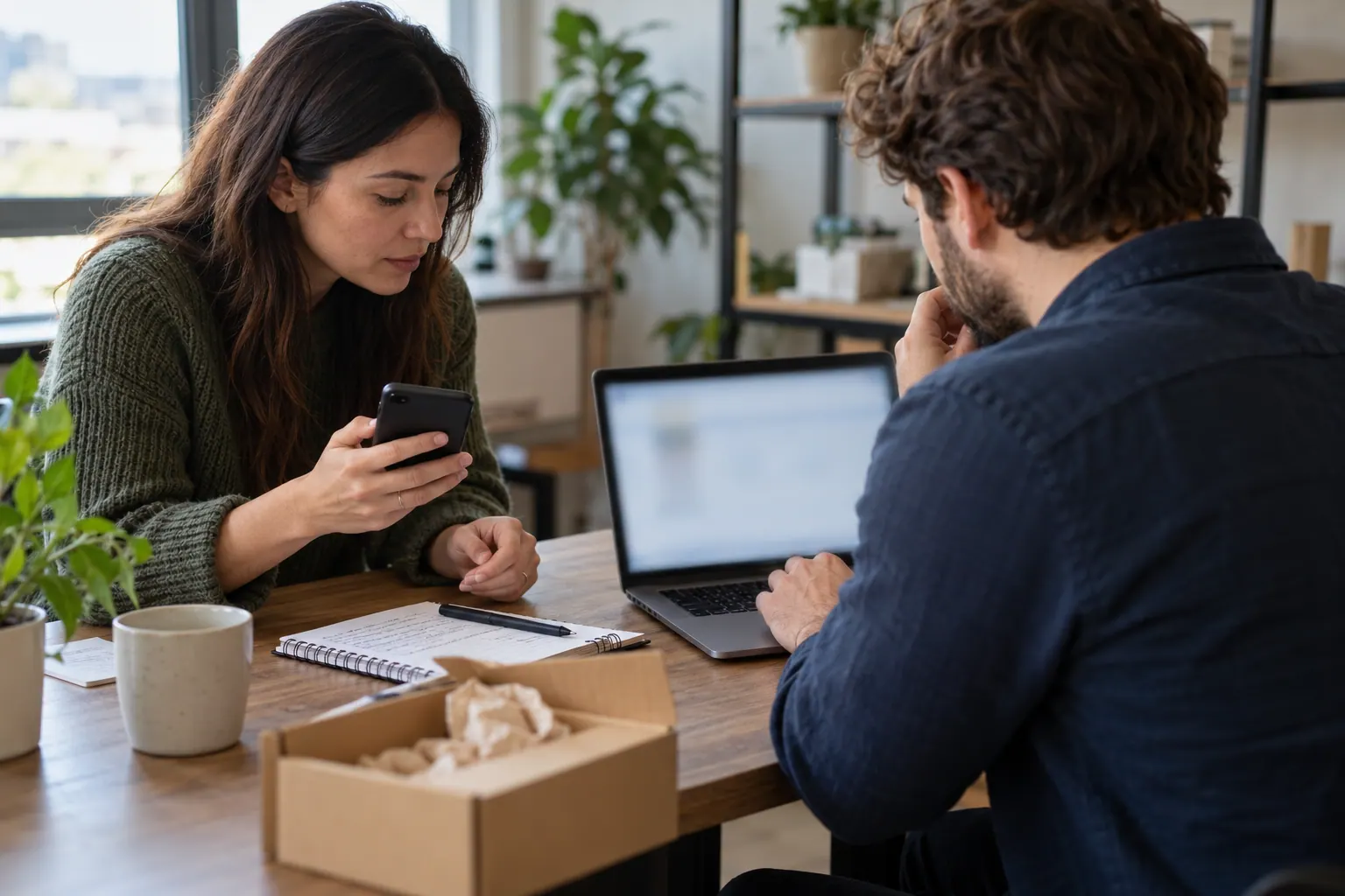 Two affiliate colleagues test a click on a phone while checking the handoff on an out-of-focus laptop.