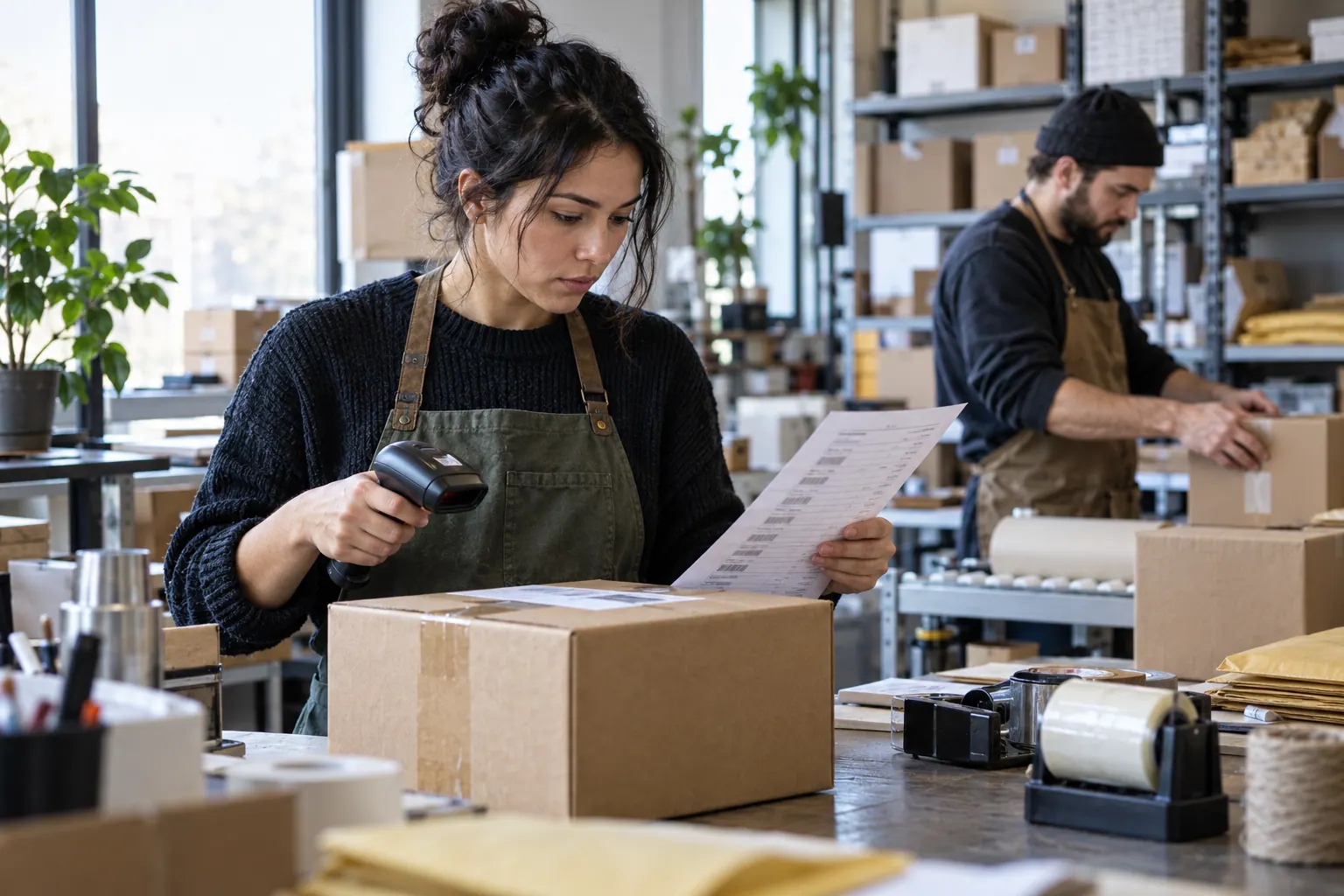 warehouse operator scanning a parcel while checking its event record at a packing station