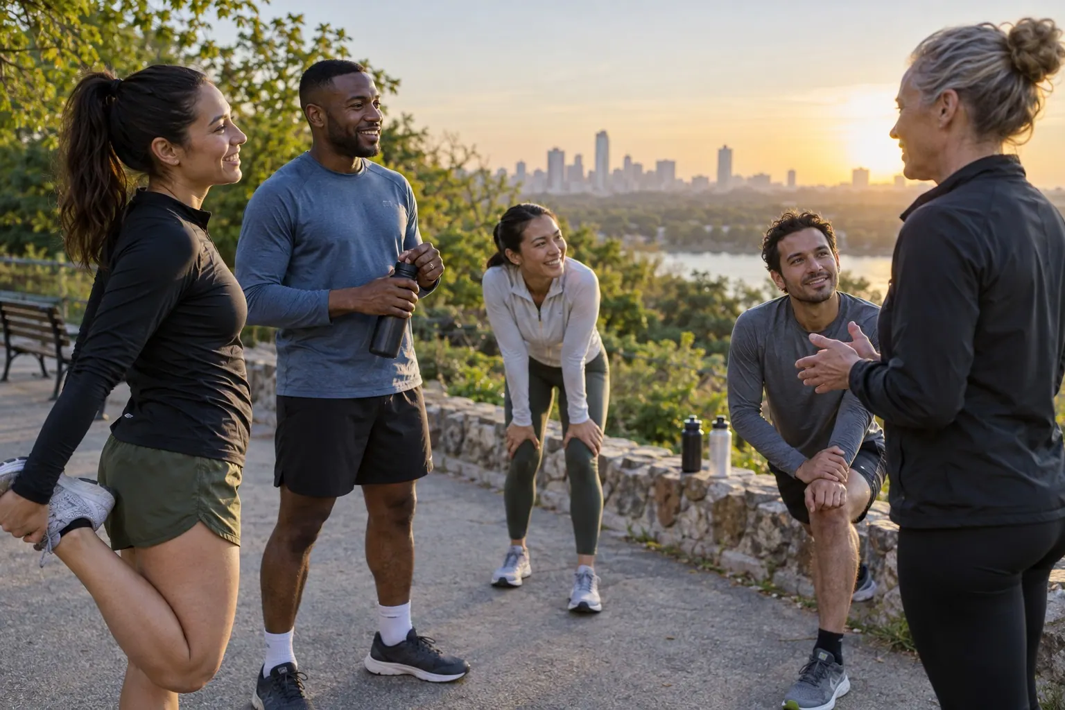 A running club pauses together after an outdoor group run.