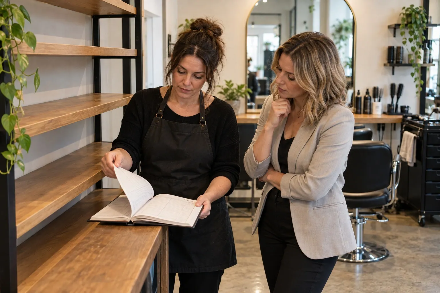 A salon owner and a consultant review service information beside an unused retail shelf.