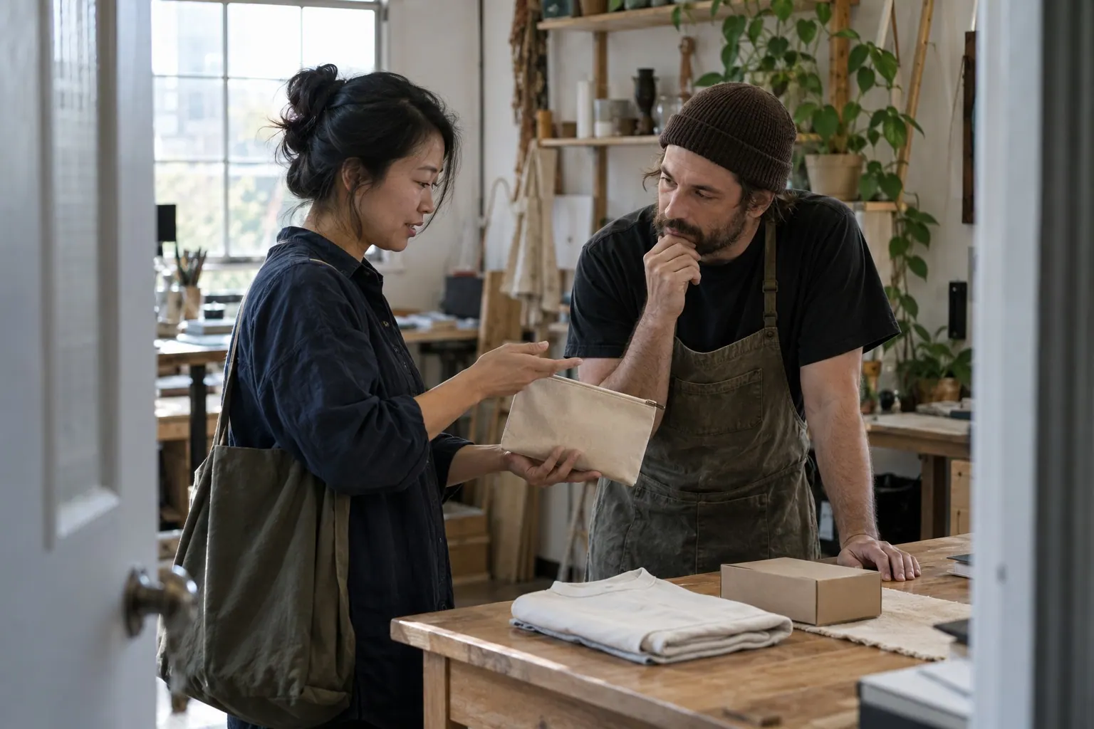 Two small-business owners discuss a plain product sample across a workshop table.