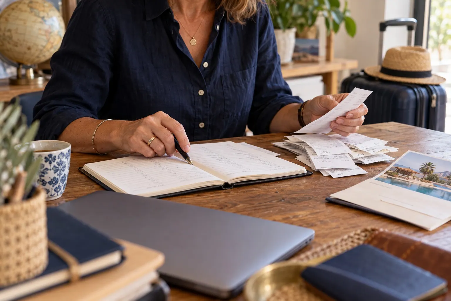 A travel agency owner matches supplier receipts and card slips to a handwritten booking ledger.
