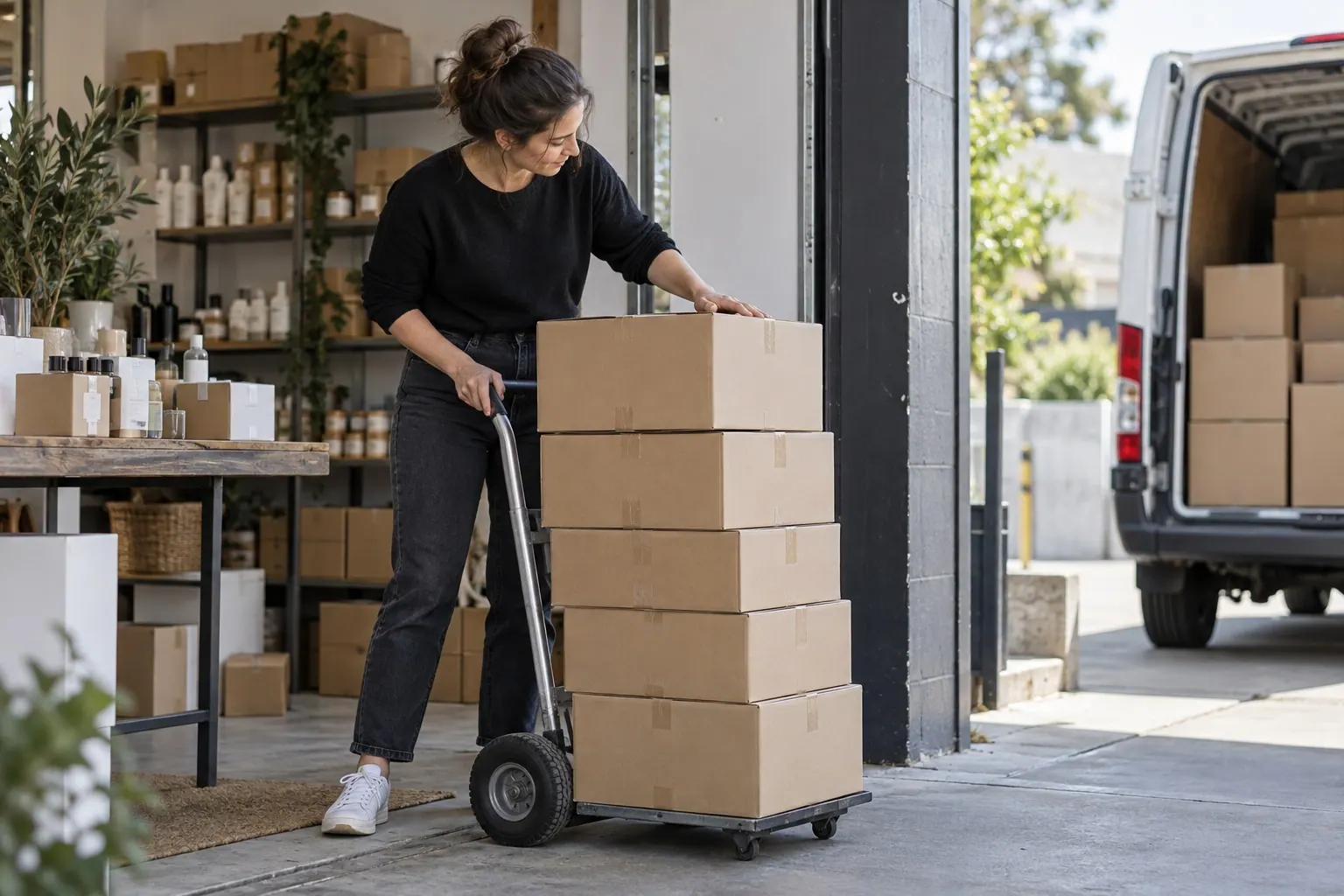A small beauty brand owner moves a measured carton order toward a delivery vehicle from a working studio.