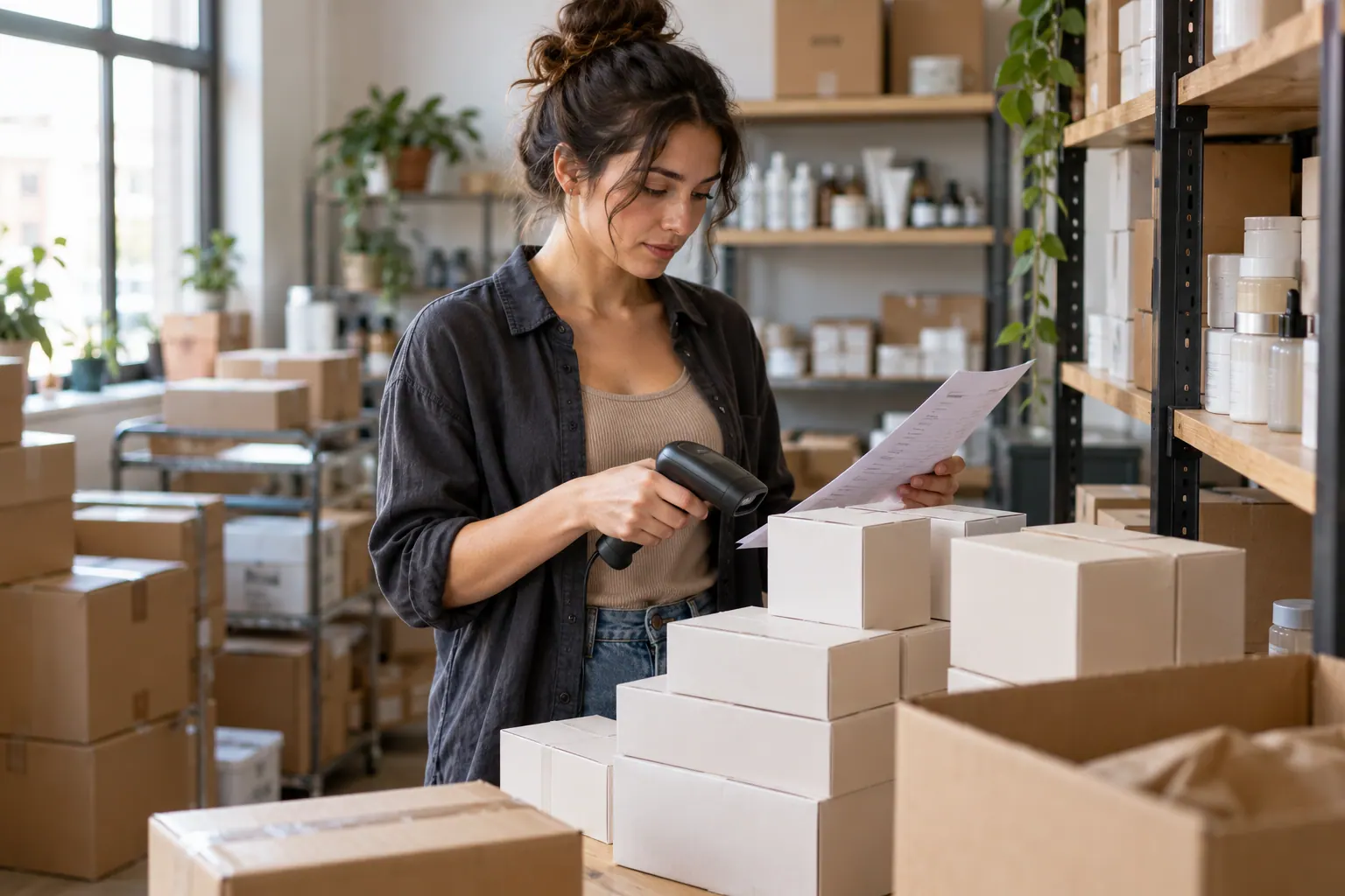 A small beauty brand owner scans cartons and checks a receiving sheet in a compact stockroom.