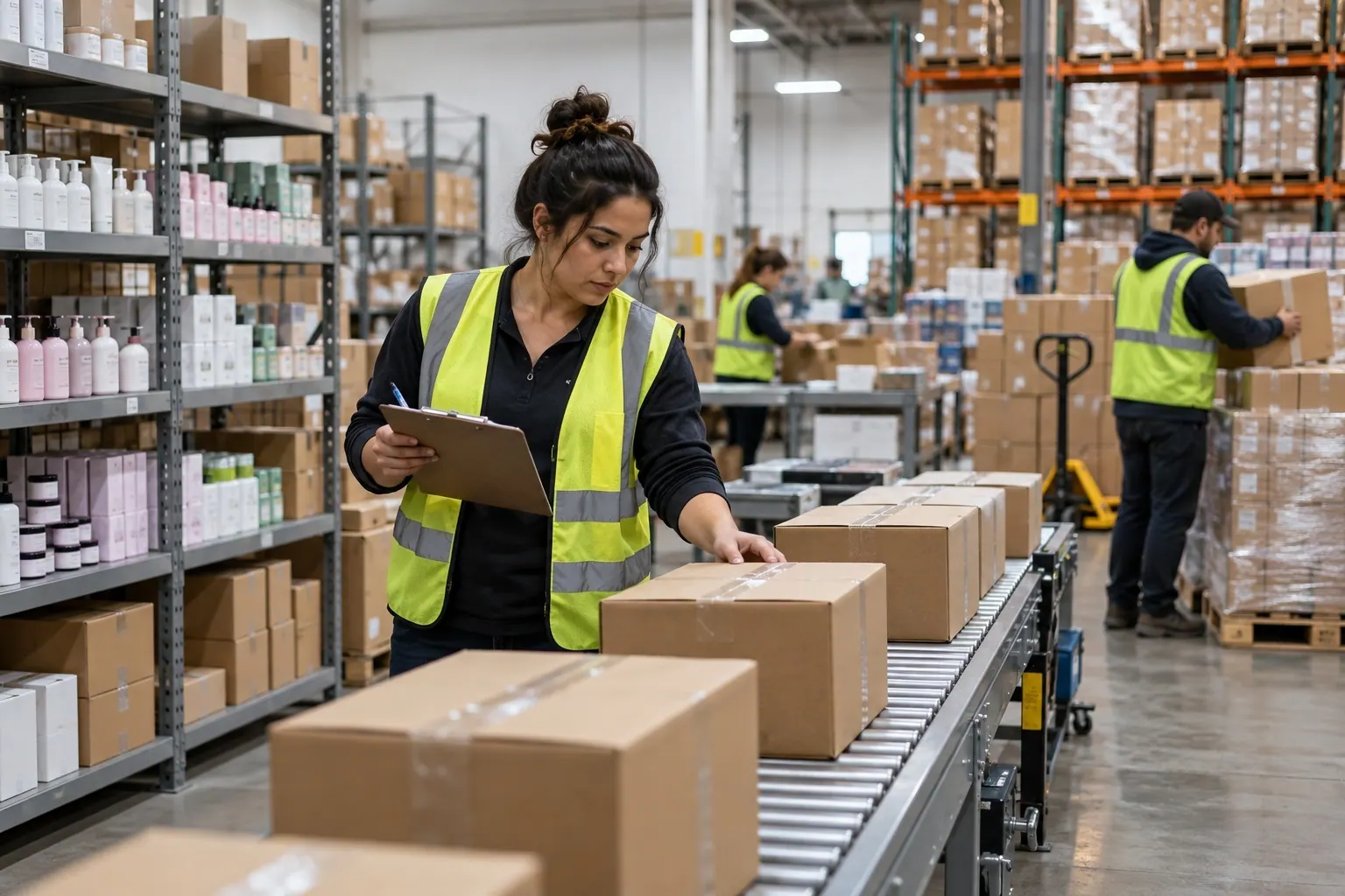 A warehouse worker checks cartons as a bulk skincare order moves through a fulfillment aisle.