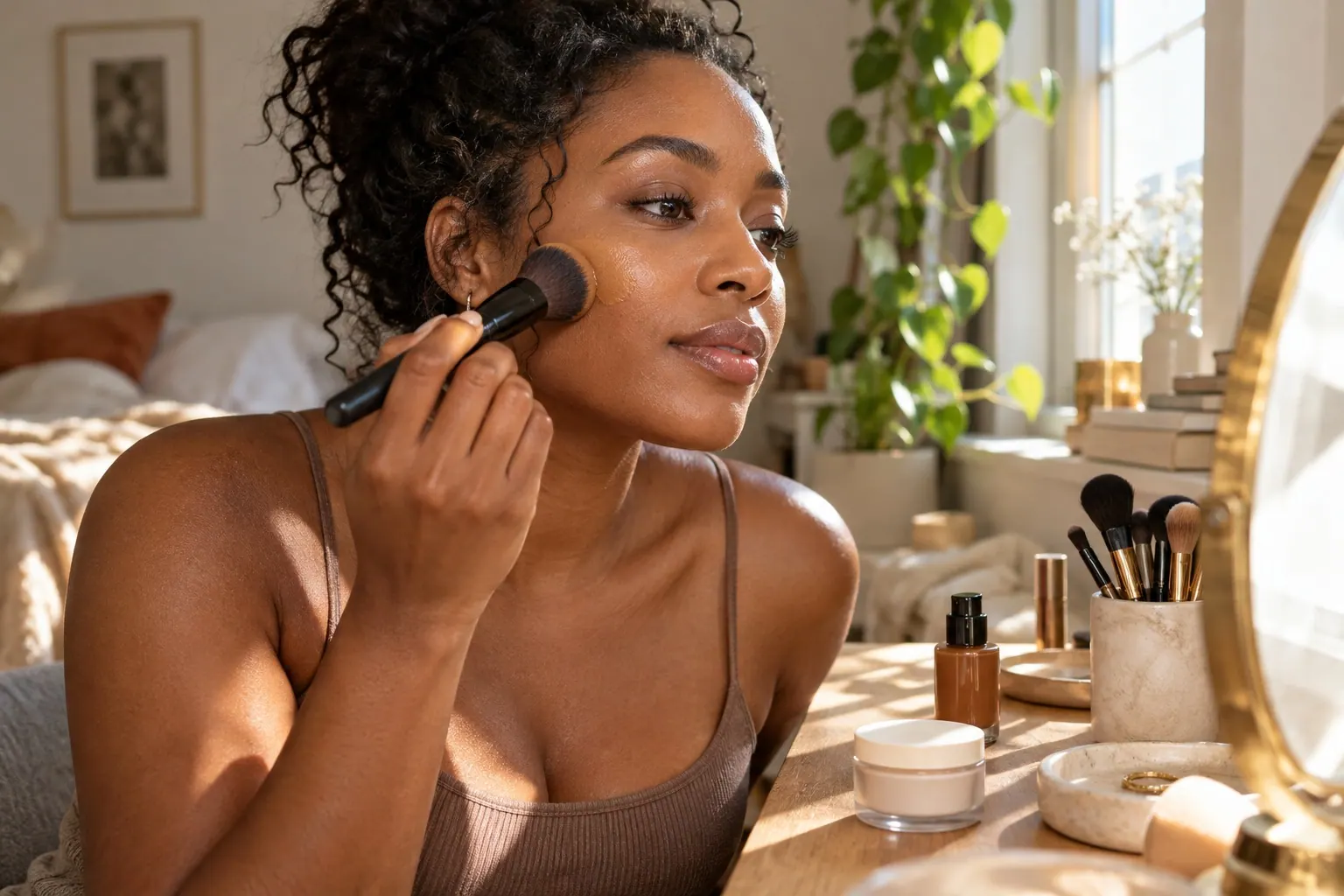 An adult applies makeup at a vanity after reviewing unbranded skincare products.