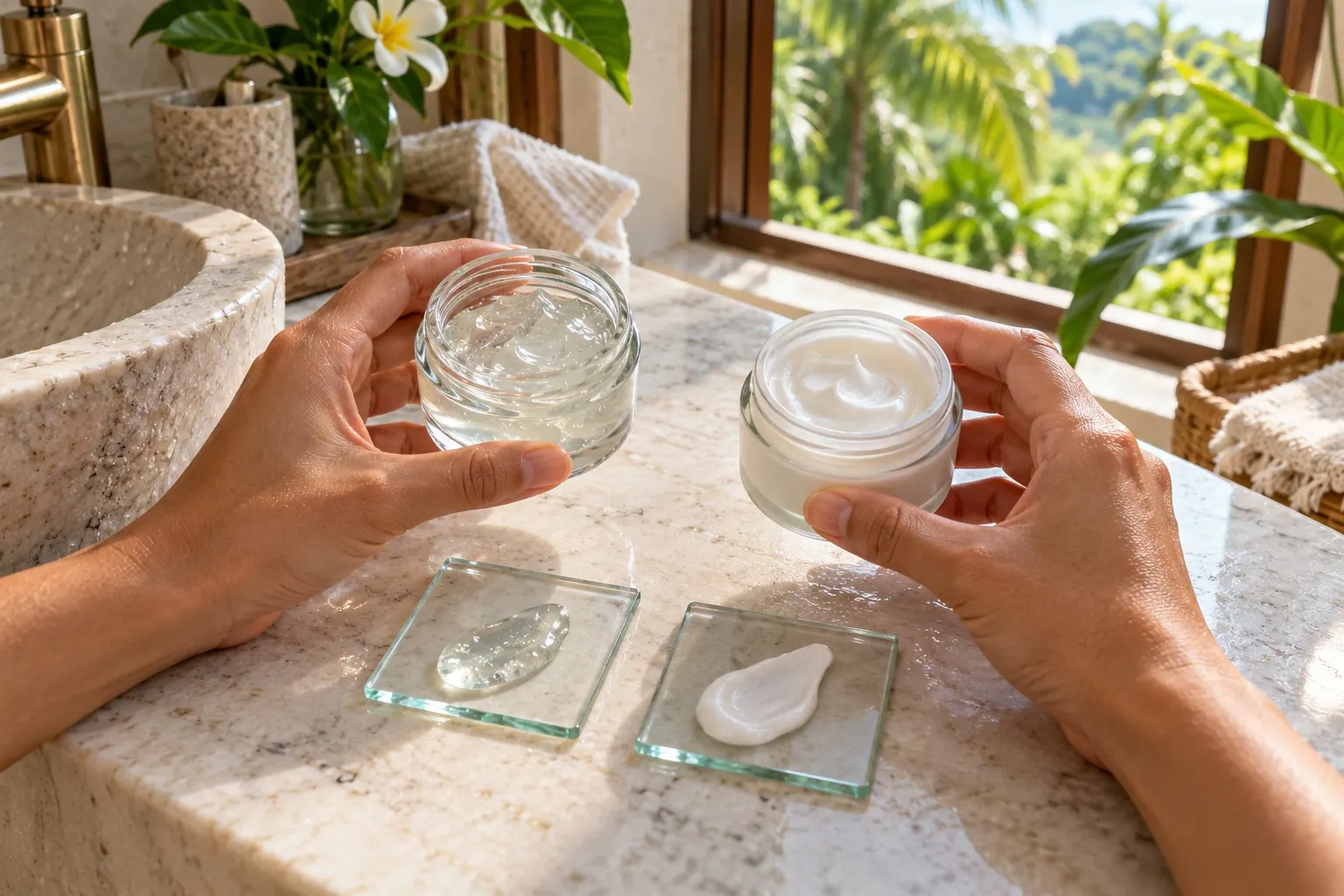Hands compare two unbranded gel and cream textures at a bright home counter with tropical greenery outside.