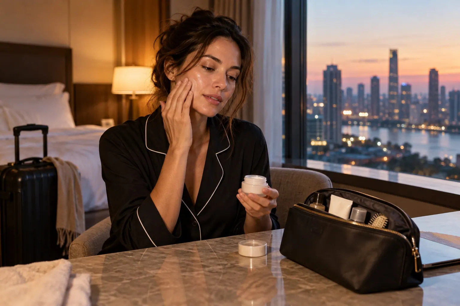 A traveler reviews an unbranded moisturizer beside an open carry-on bag in a hotel room.