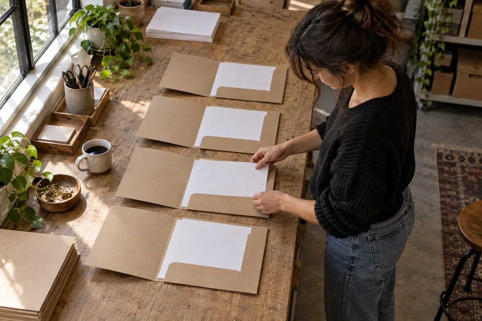 An agency owner arranges a small set of onboarding folders on a desk before preparing a repeatable client process.