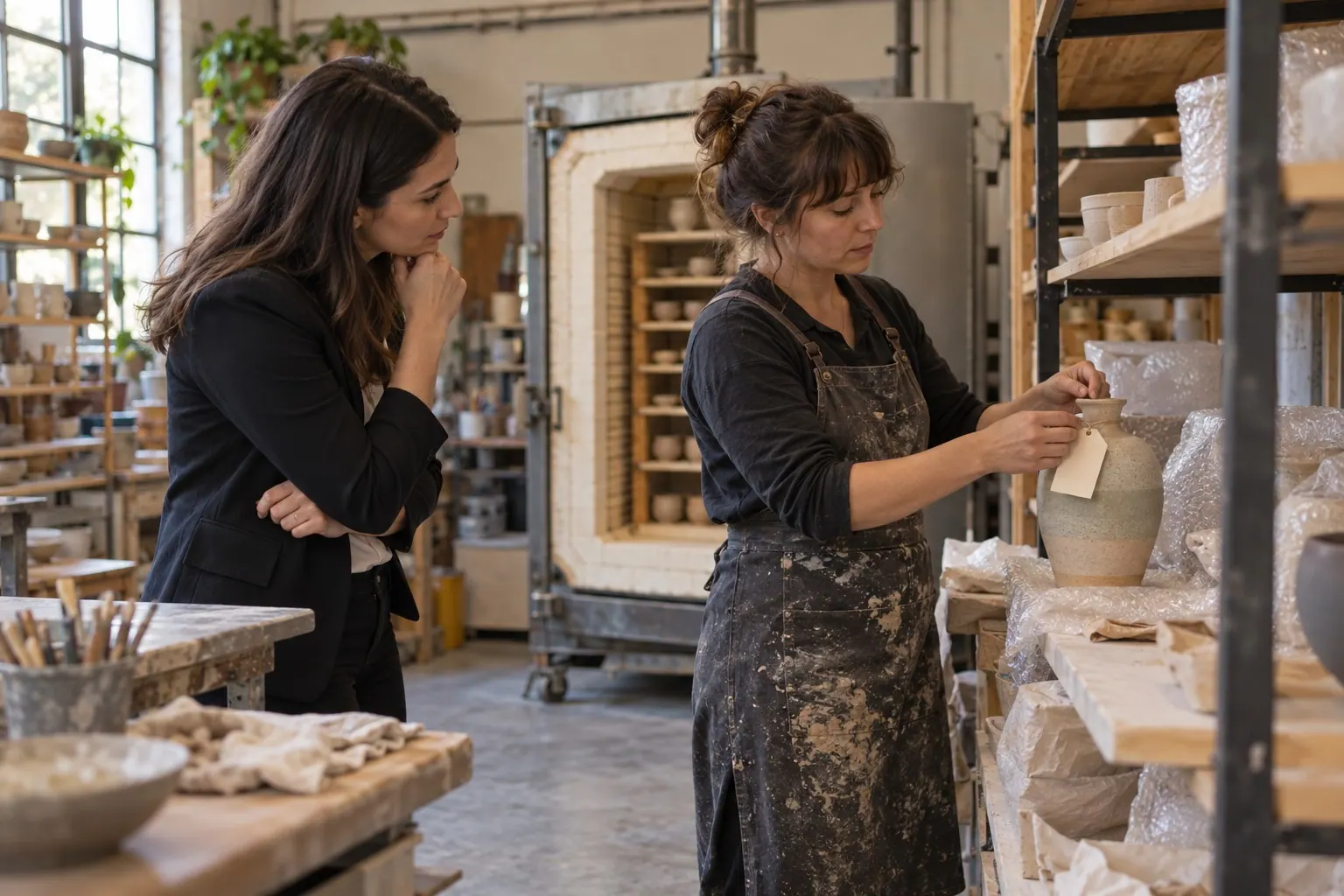 A service consultant listens as a ceramics studio owner explains how custom orders move from inquiry to delivery.