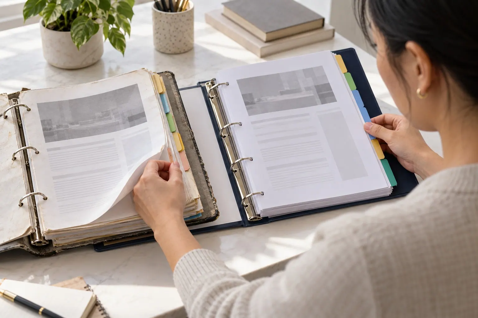 Two operations binders lie open side by side as a team member checks a revised workflow against the previous version.