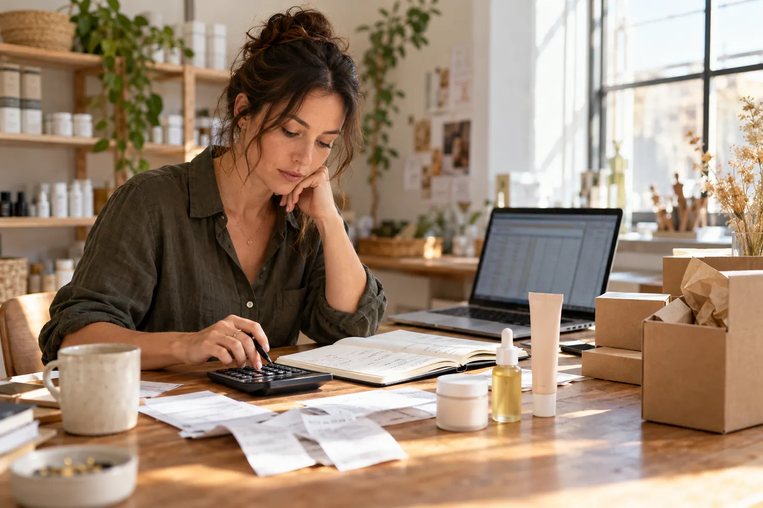 A cosmetics founder checks a calculator and order-cost notes beside product samples at her desk.