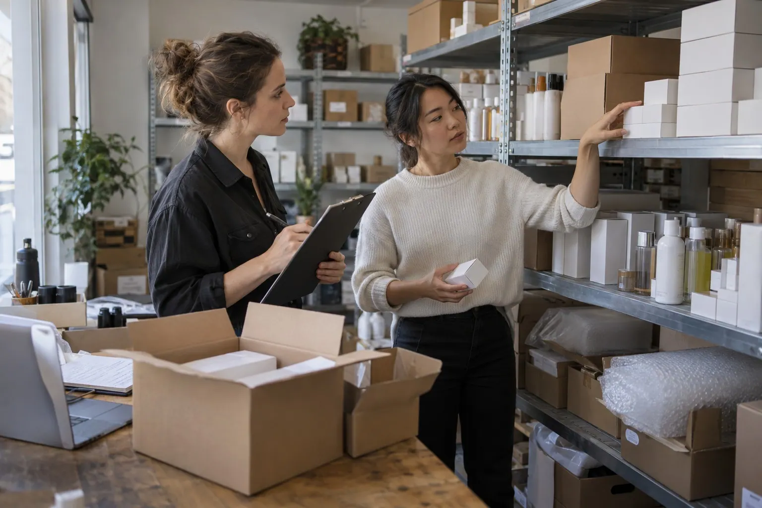 A founder and colleague review cosmetics inventory and shipping supplies in a compact stockroom.