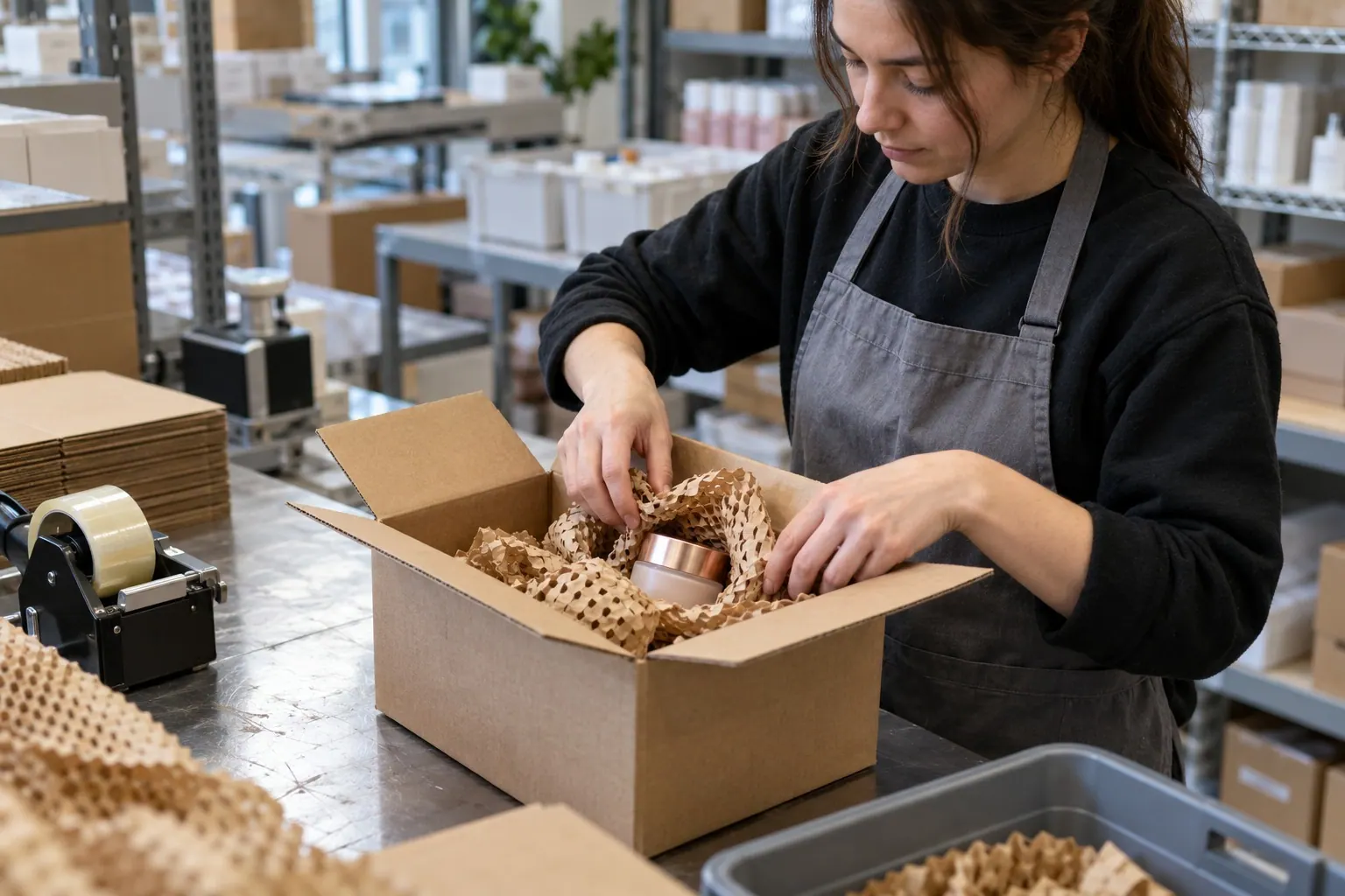 A fulfillment worker carefully packs a single cosmetics order at a small shipping station.