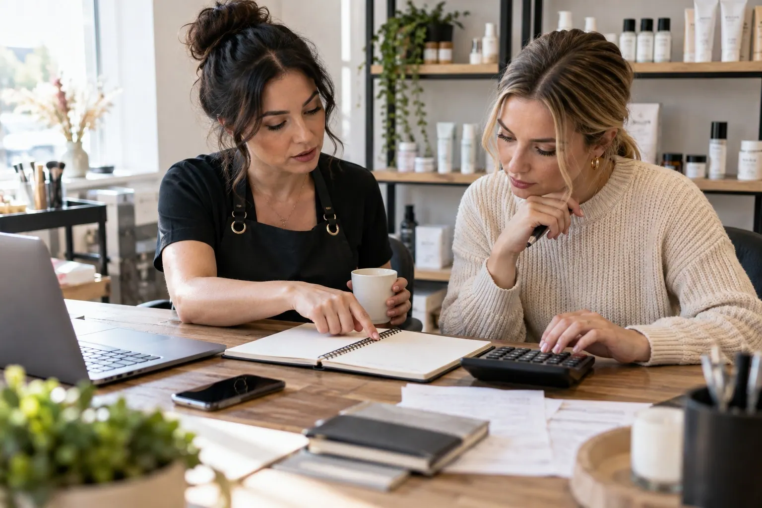 Two small cosmetics-business owners review a monthly expense plan with a calculator and notebook.