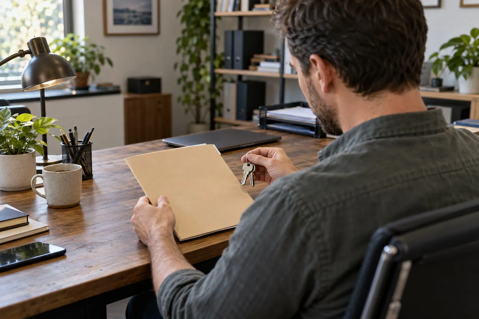 A business owner and departing operator review access removal and handover notes at a desk.