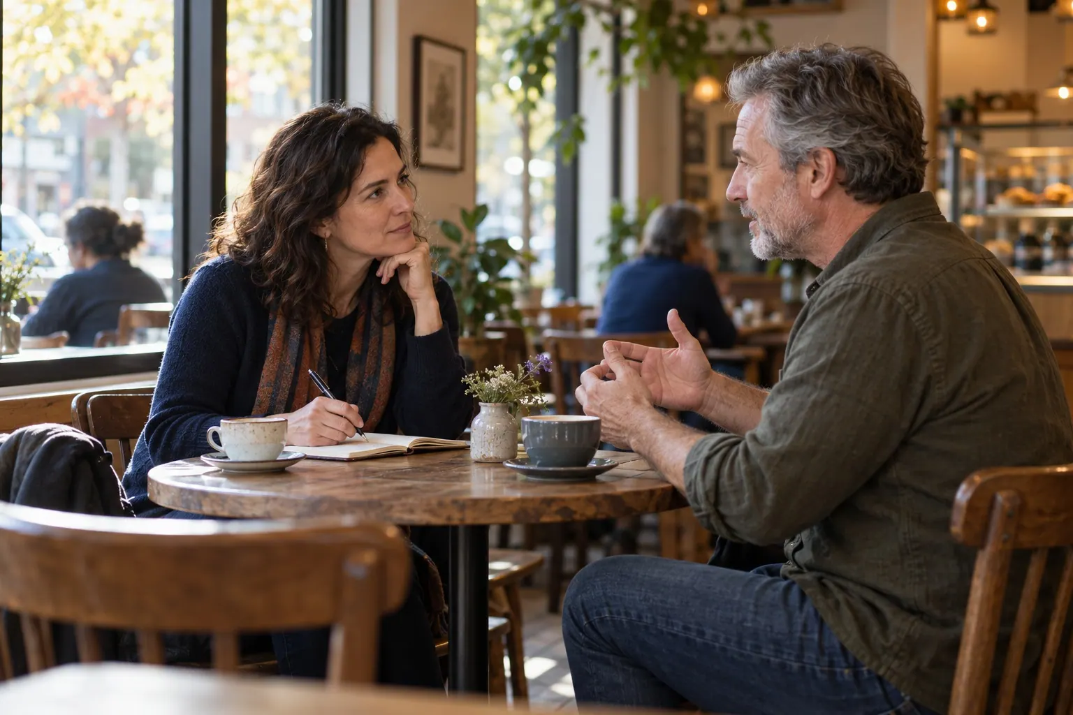 A marketing strategist listens as a small-business owner explains a business decision.