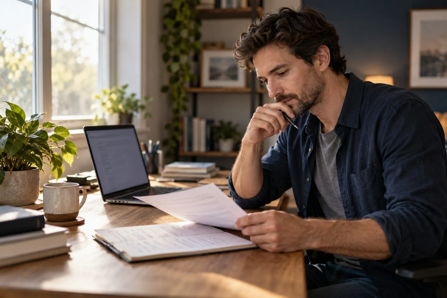 A marketing writer reviews a printed editorial brief and reader questions at a home office desk.