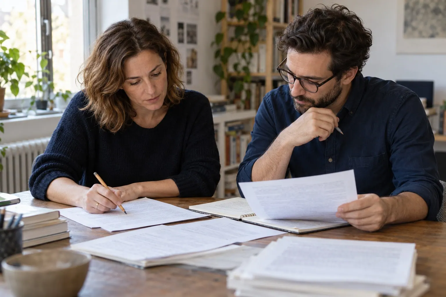 Two editors compare research pages with a claim checklist on an office table.