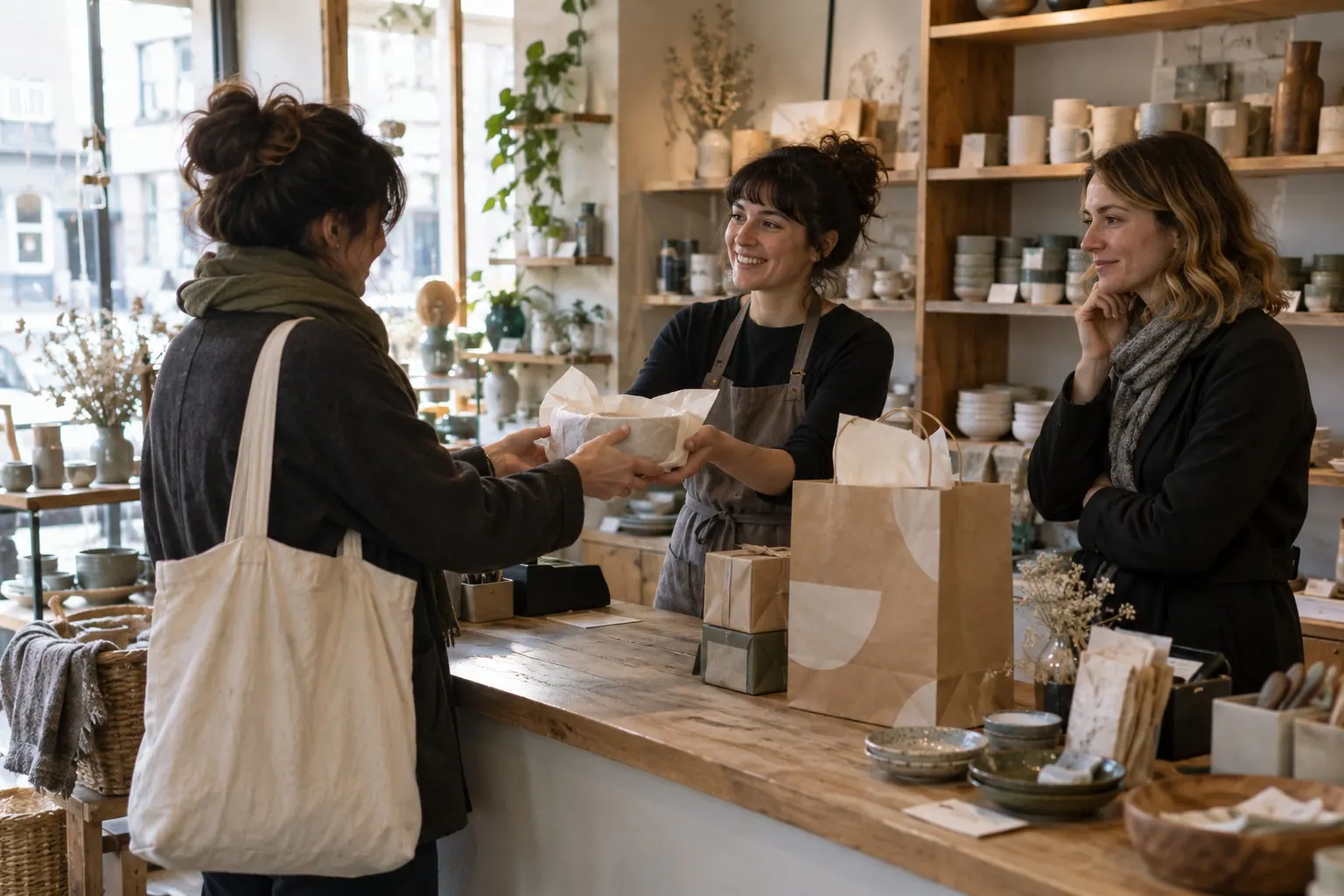 A shop owner and designer review branded packaging at a customer counter.