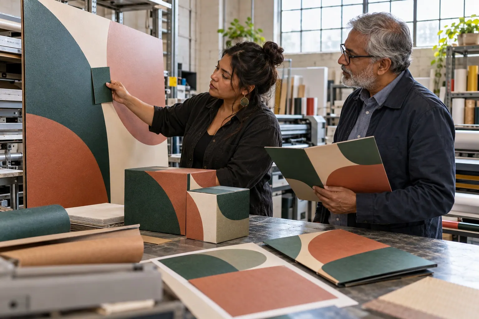 A team reviews coordinated colors, typography, and brand applications.