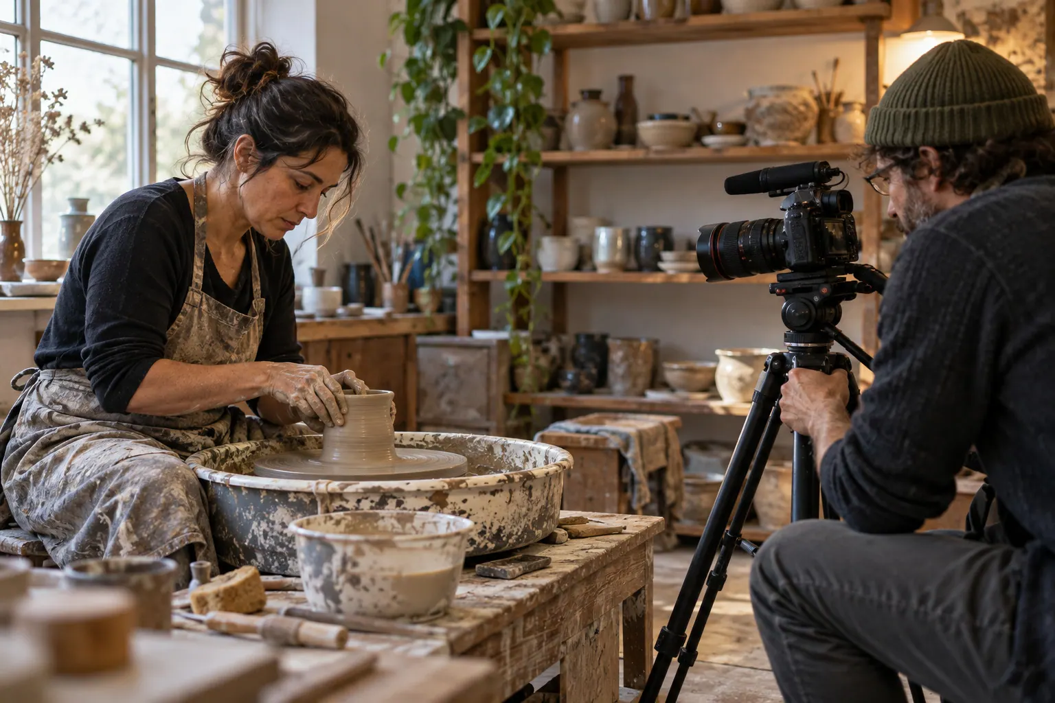 Ceramic instructor and collaborator recording a digital lesson together