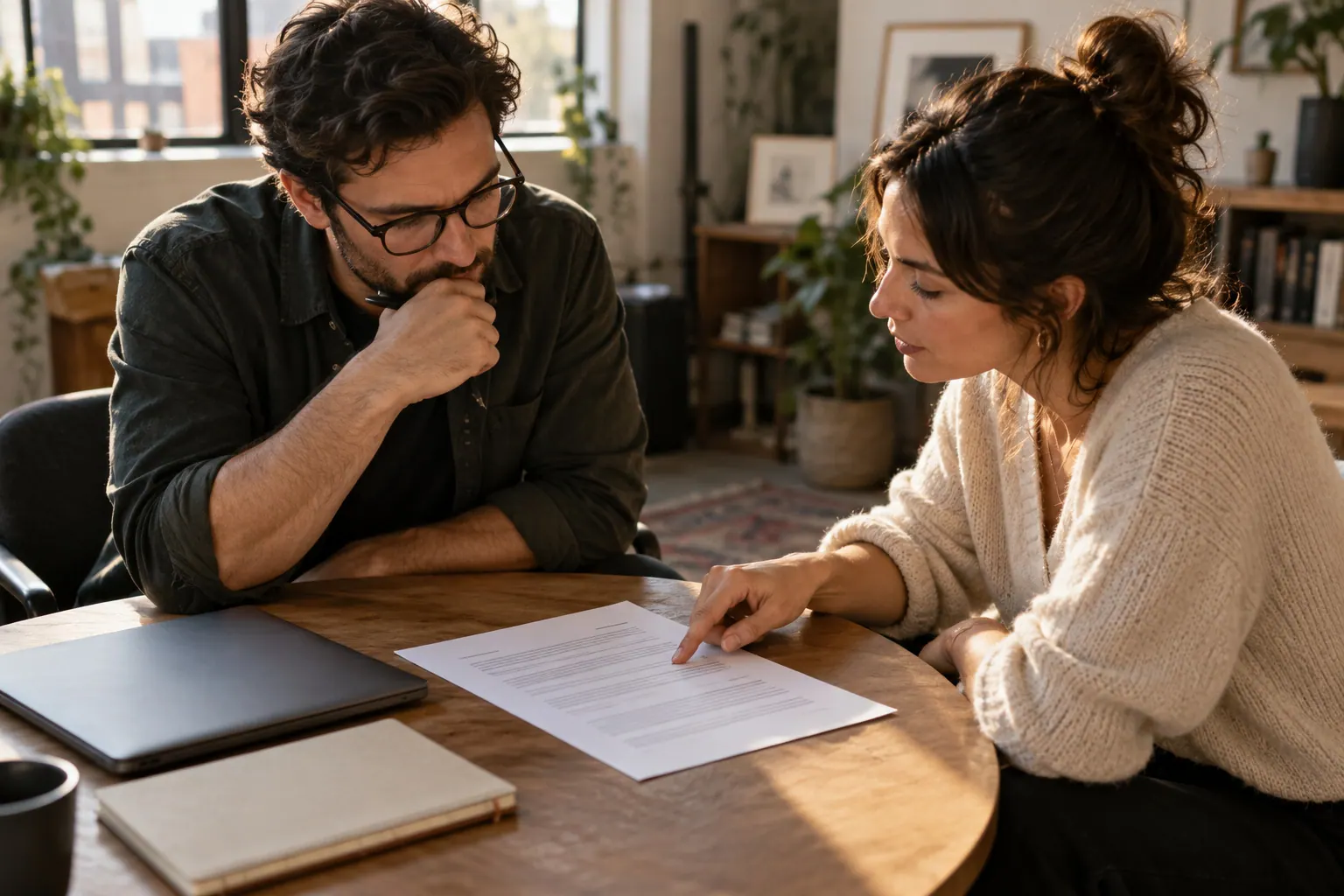 Two digital-product collaborators reviewing their written terms before setting up revenue sharing