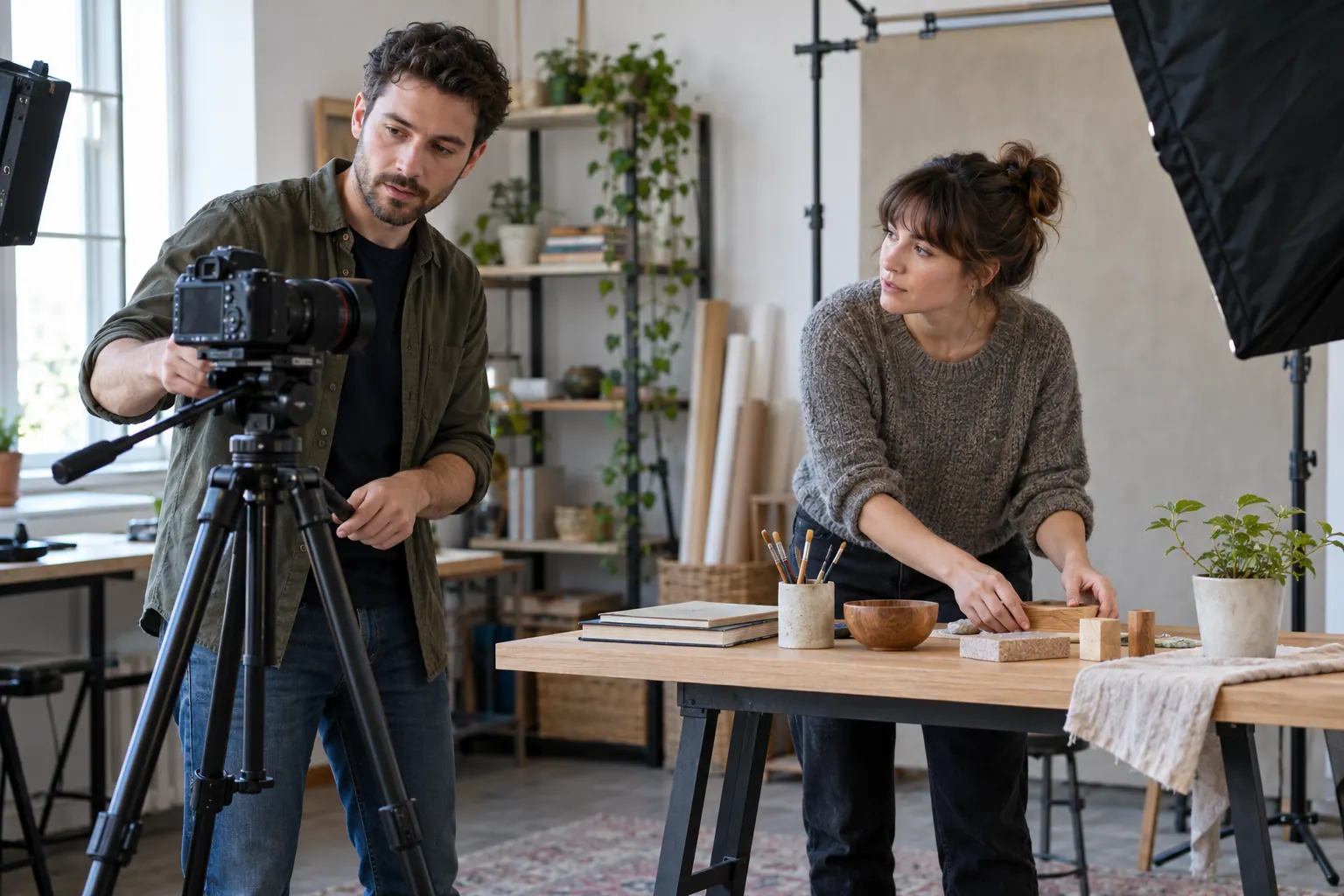 A producer adjusts a camera while an instructor arranges lesson materials for a shared course recording.