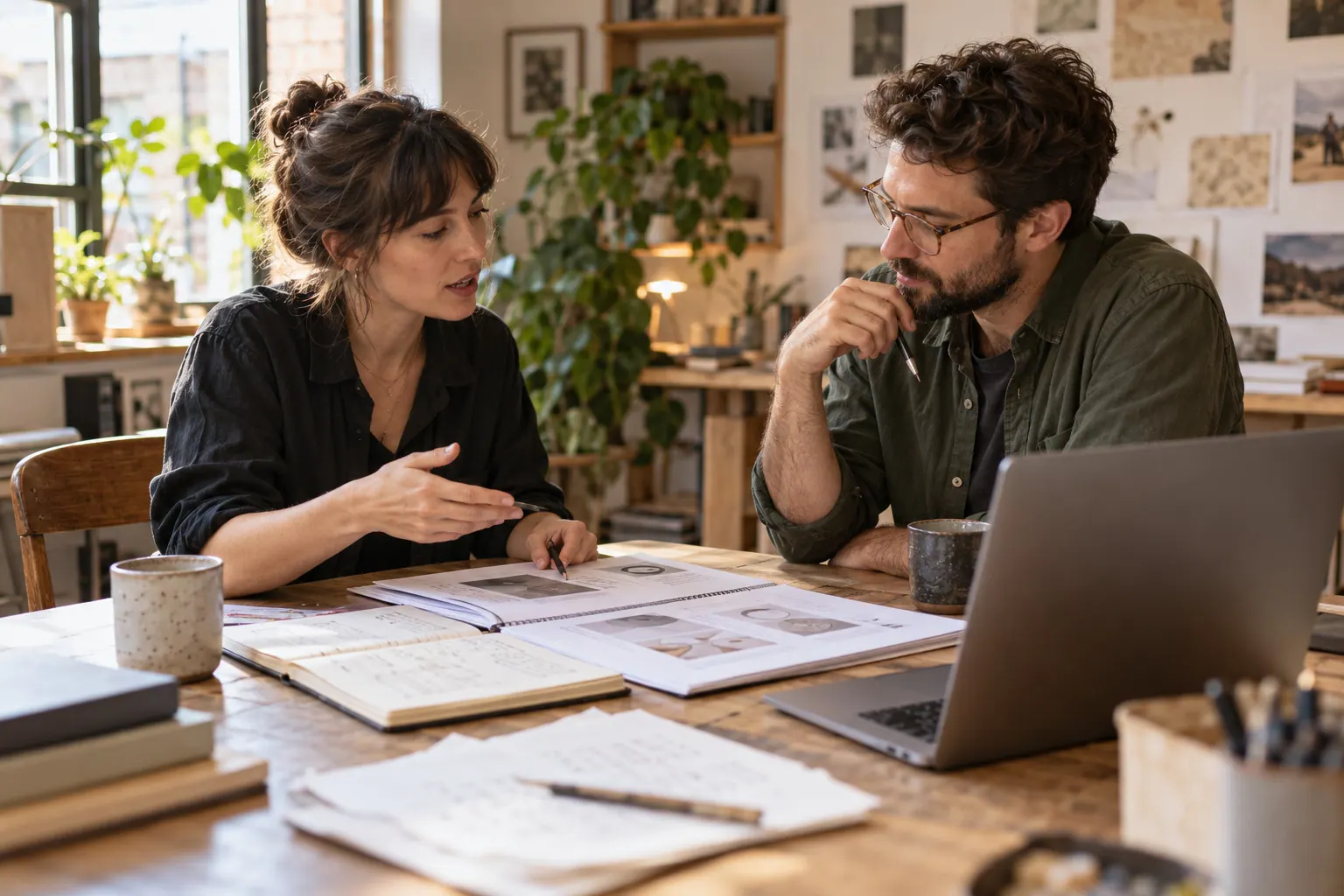 Two creators review a printed workbook prototype and take notes at a studio table.