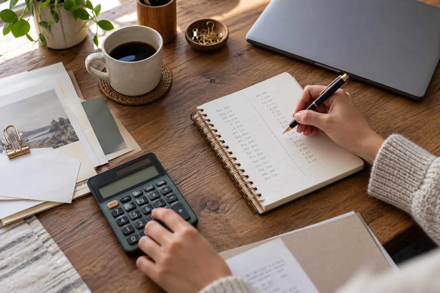 A small-business owner uses a calculator and notebook to compare monthly platform costs at a wooden desk.