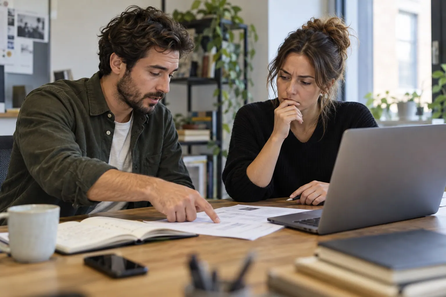 Two business collaborators examine a printed monthly sales report beside a laptop and discuss the figures.