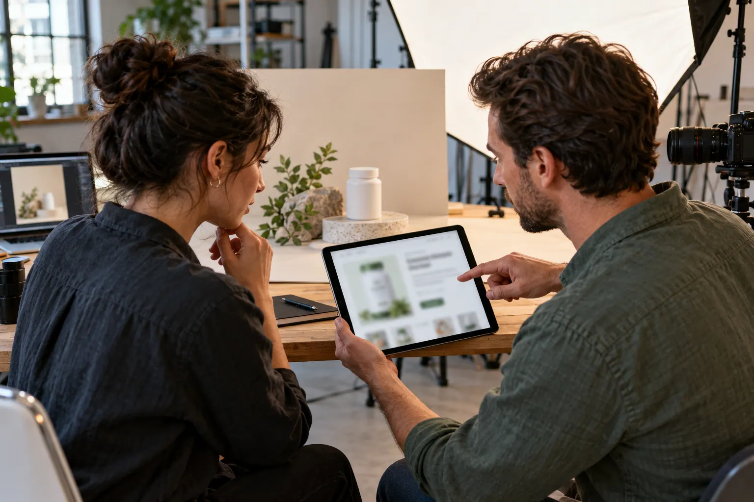 A creative editor and photographer review an unreadable product page beside a plain package on a photo set.