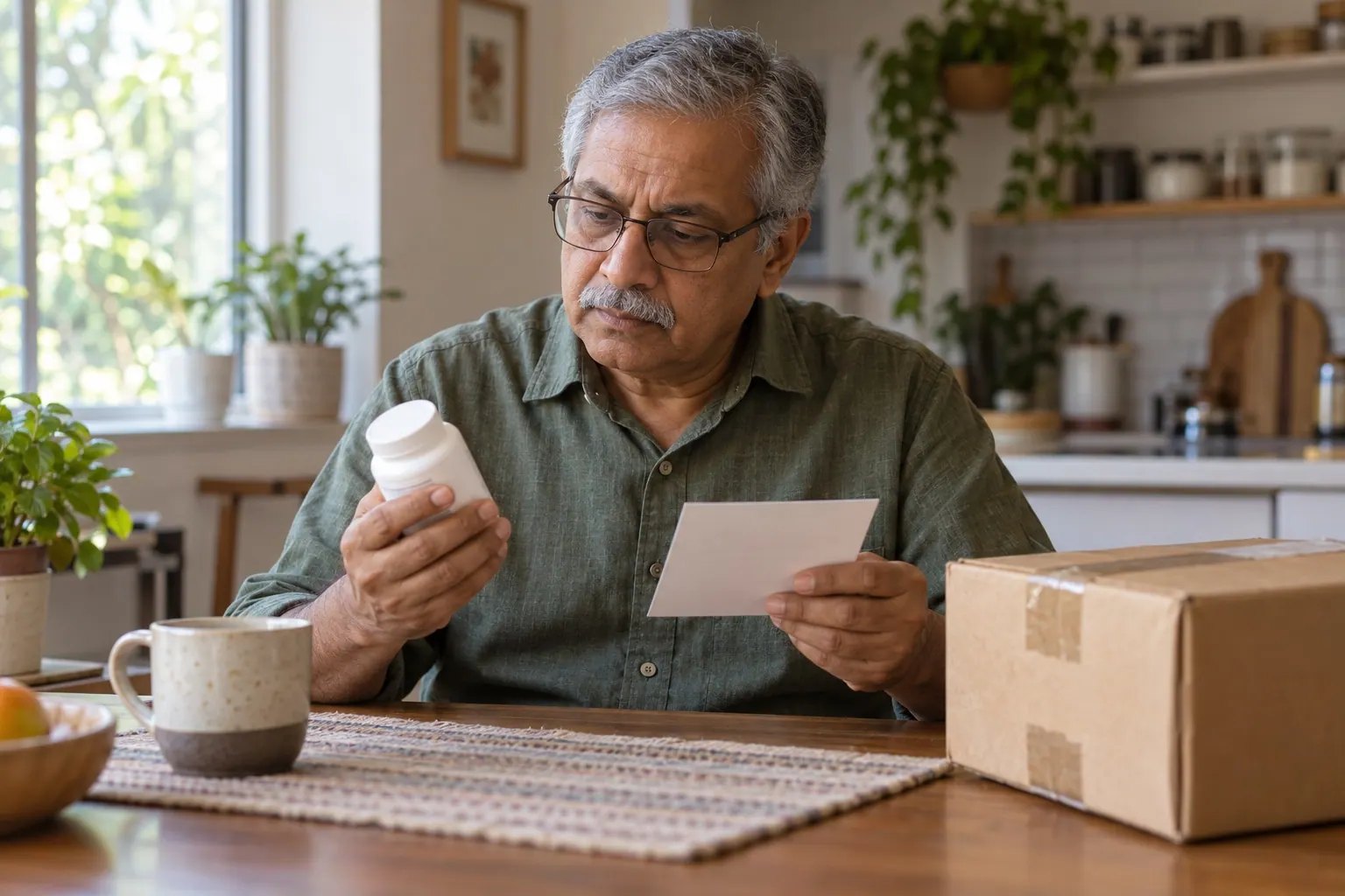 A customer reads an unbranded supplement package and delivery information at home; the scene is illustrative, not a testimonial.