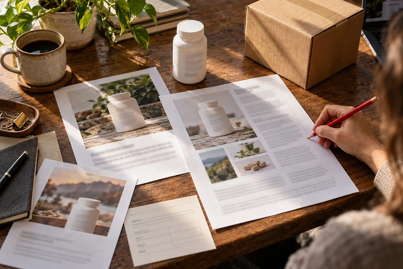 A marked-up offer sheet, unbranded product bottle, and parcel materials are checked together for consistency.