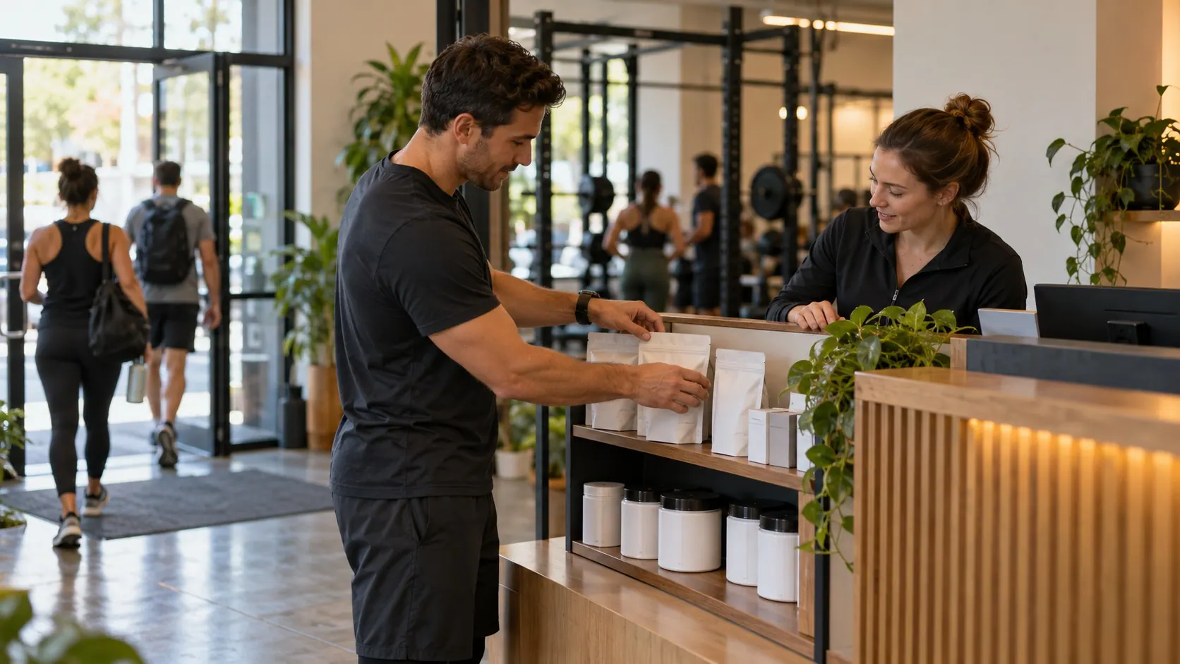 A personal trainer and studio manager arrange a small display of plain wellness products at the fitness studio reception.