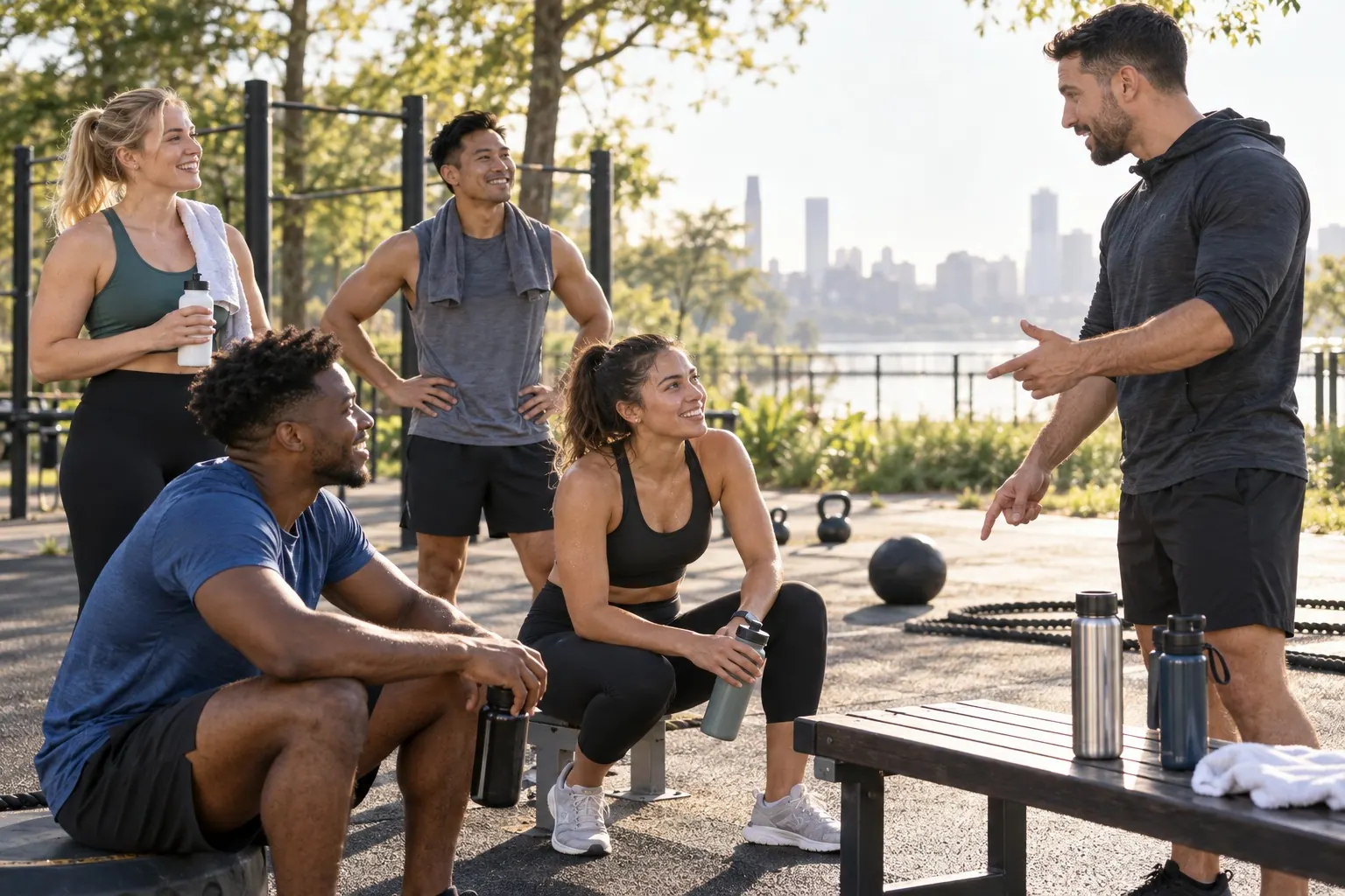 A small outdoor fitness class takes a water break while the coach gives general group guidance, with no branded drinks or implied supplement recommendation.
